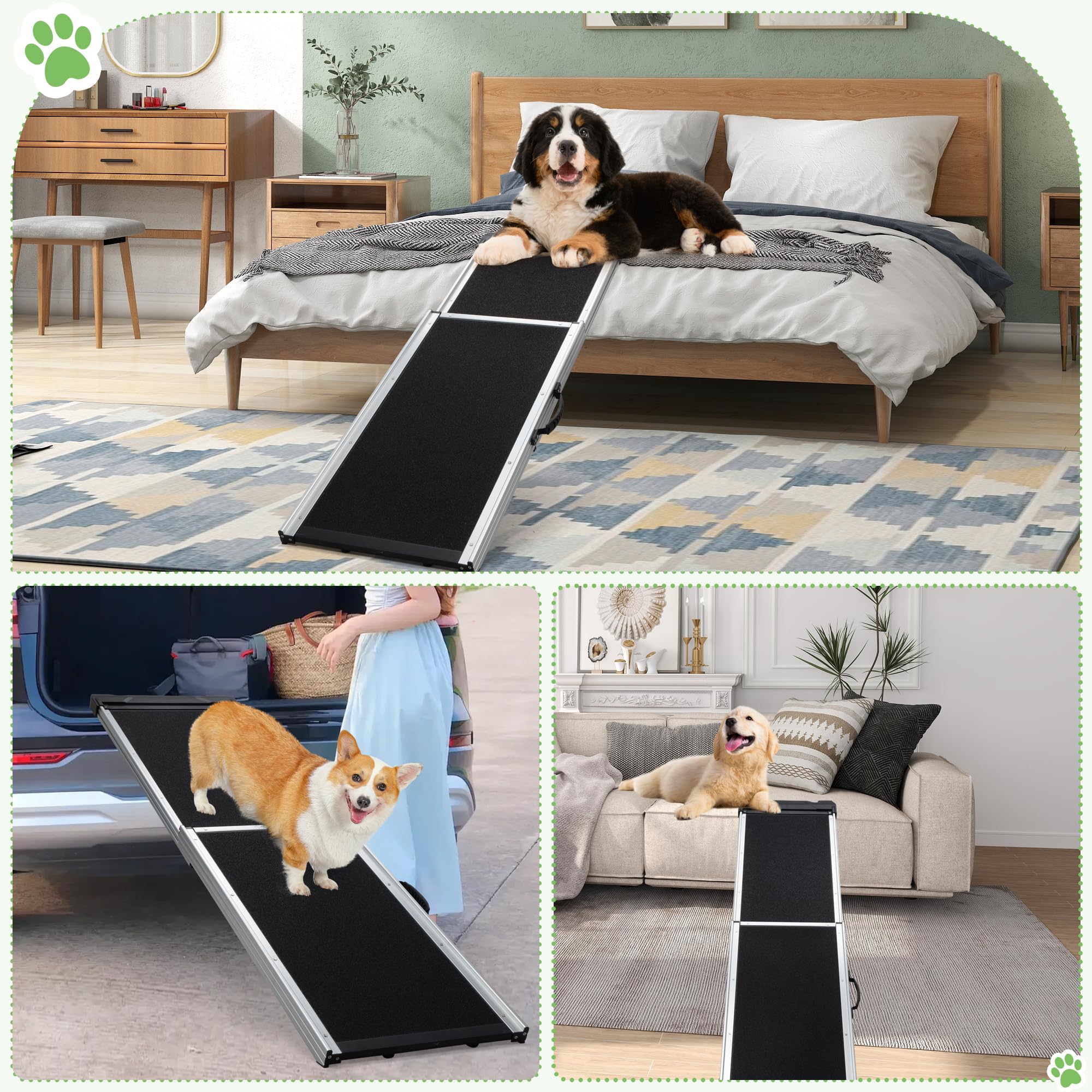 COZIWOW Aluminum Pet Ramp Ladder,Portable Dog Car Step Ramp with 2-Fold Design and Handle, Non-Slip Surface, Oxford Strap,Pet Stairs for Vehicles,SUV,Truck, High Bed,Black