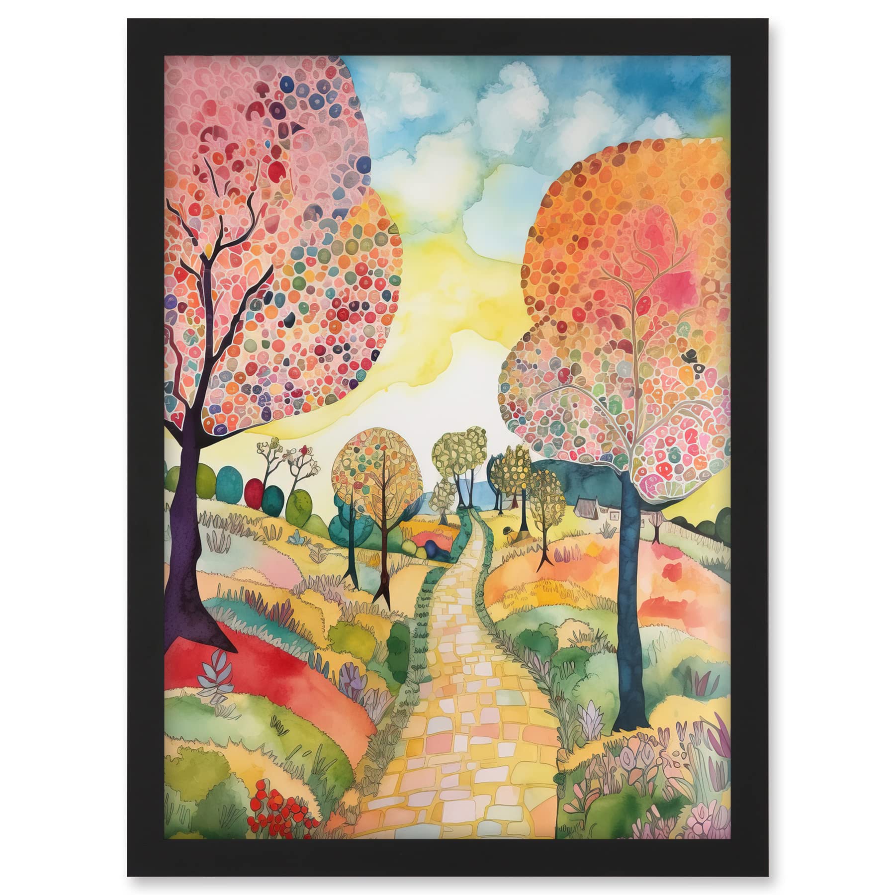 Artery8 Countryside Path With Blooming Flowers And Trees Folk Art Landscape Watercolour Painting Artwork Framed A3 Wall Art Print