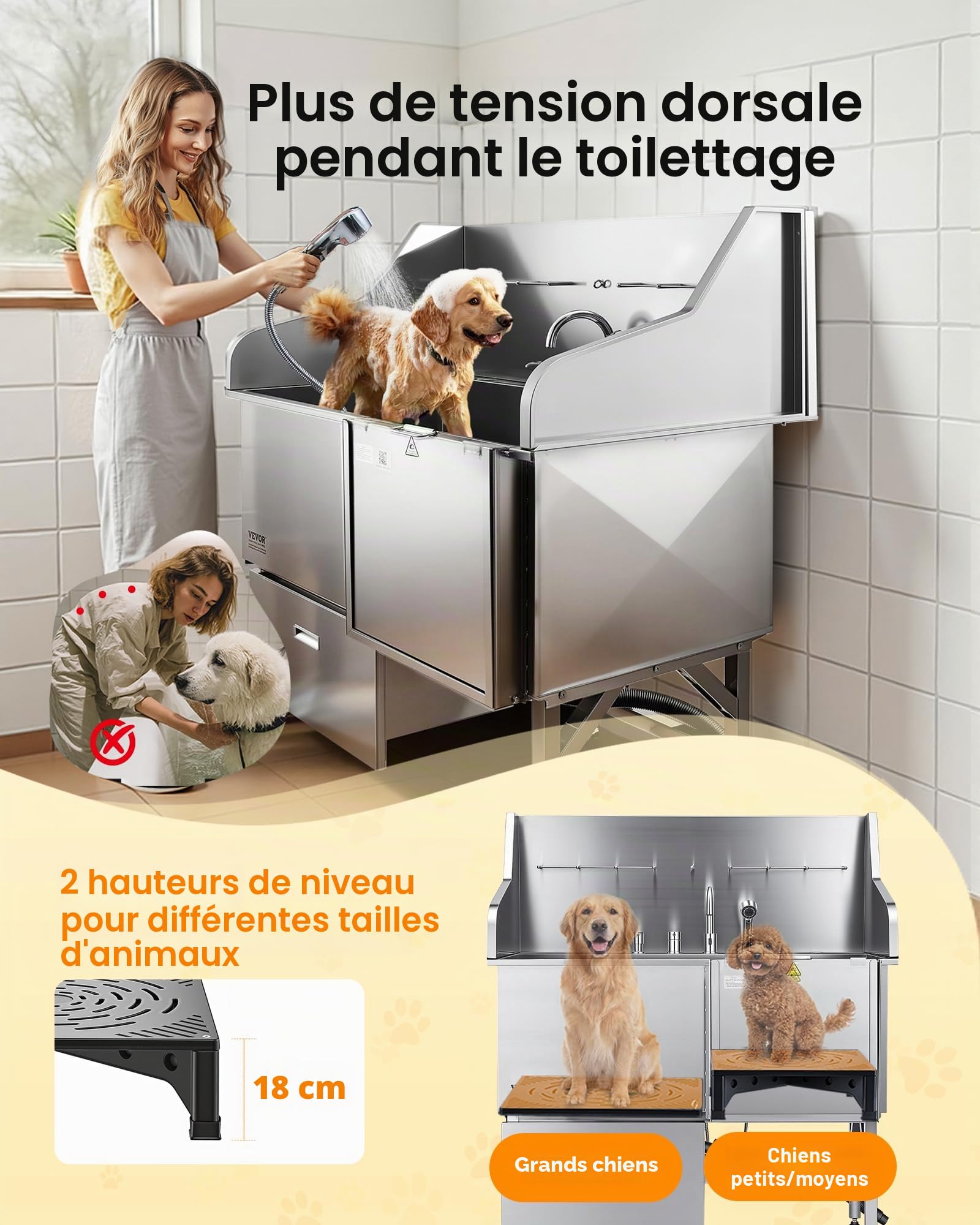 VEVOR Baignoire de Chien Acier Inoxydable, Baignoire de Toilettage pour Animaux de Compagnie 127,5 cm Station de Lavage Chat, avec Rampe, Panneau Filtre à Eau, Robinet, Pommeau de Douche, Porte Droite