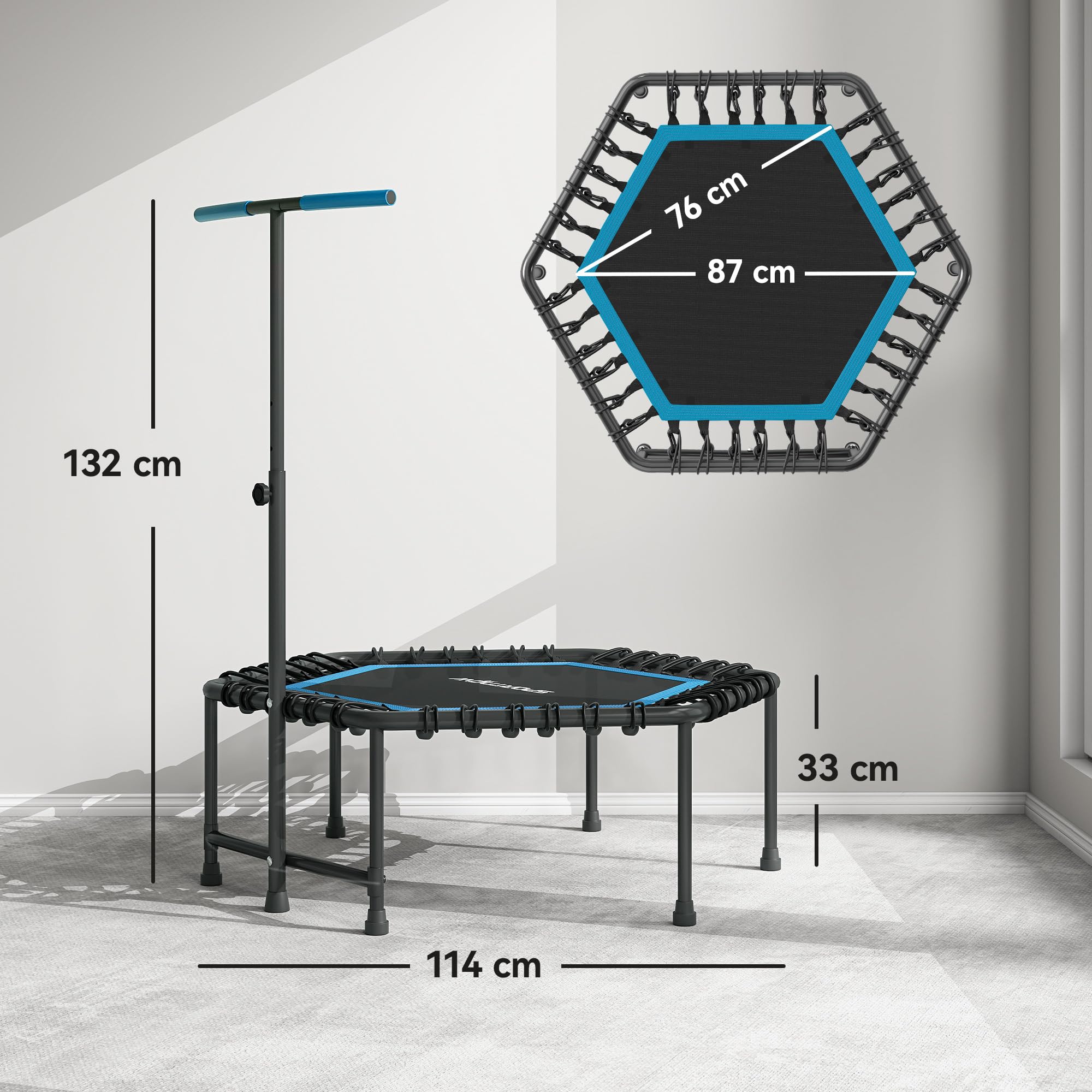 SPORTNOW Trampoline de Fitness 114 cm avec Cordes élastiques, poignée réglable sur 3 Positions, Trampoline Adulte Charge 100 kg Stable et Silencieux pour entraînement intérieur