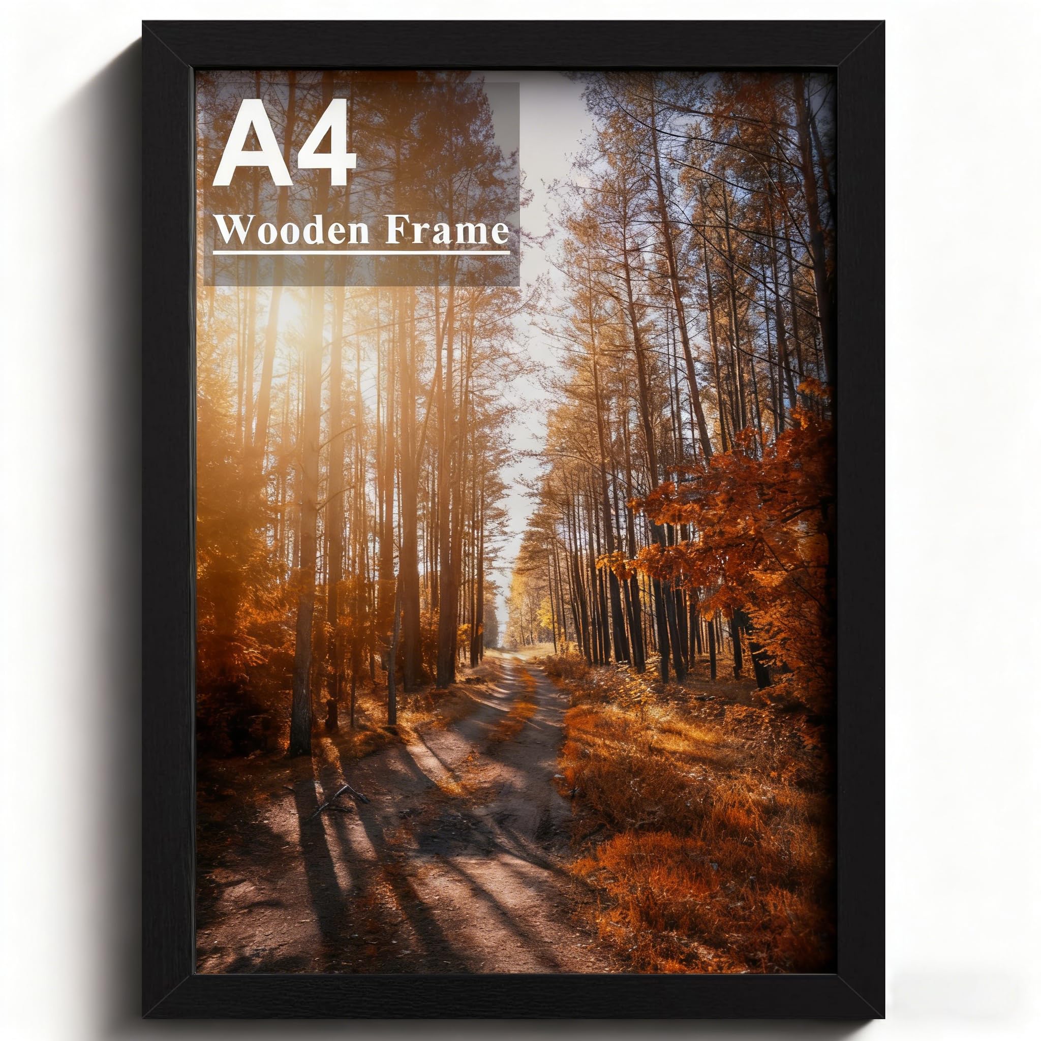 A4 Picture Frame, Wooden Photo Frame, Versatile Black Frame with Safe Perspex Front & Wall Hanging Hooks - For Display, Landscape or Portrait Orientation, Wall-Mount & Desk Stand