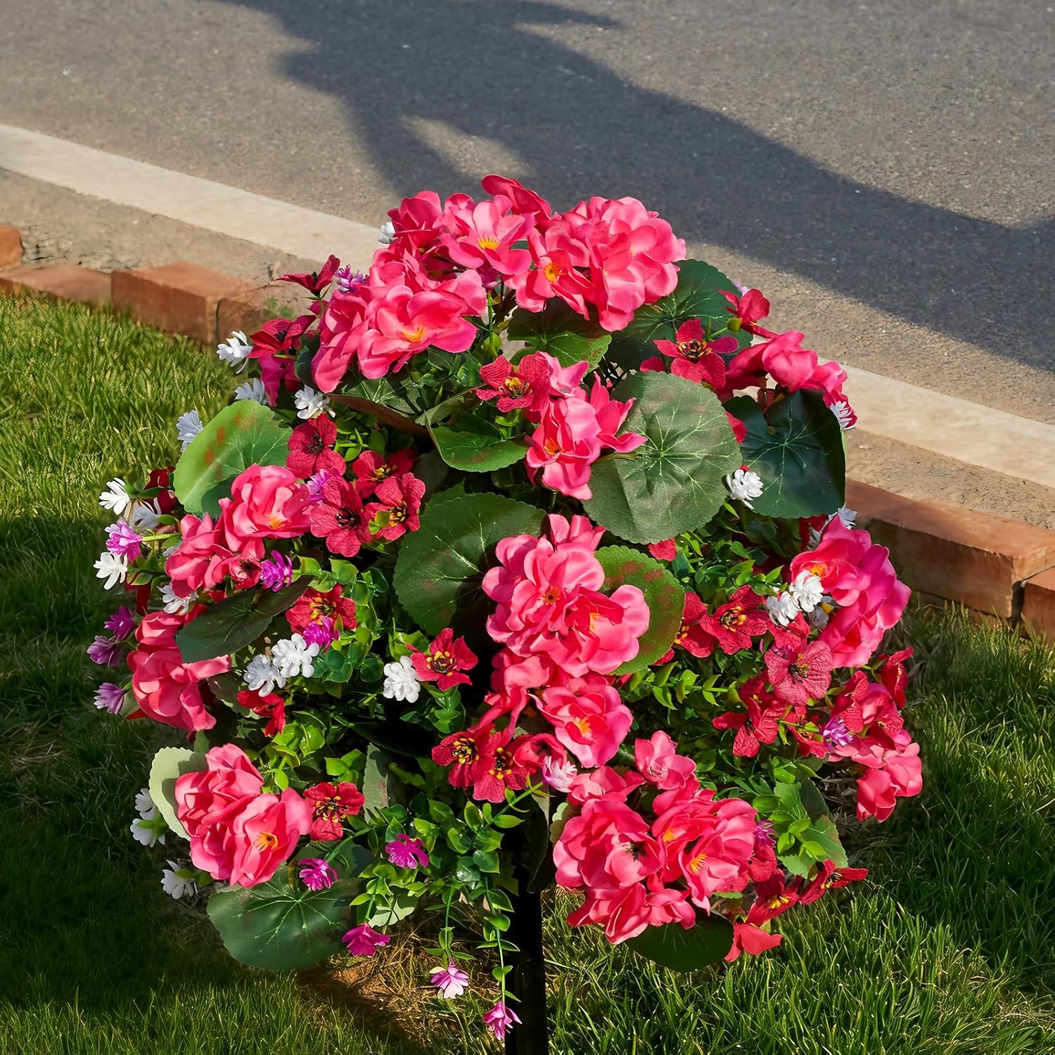 Artificial Geraniums Silk Flowers Topiaries Bouquet for Outdoor Summer Morning Glory Daisy Eucalyptus with Ground Stakes for Home Garden Yard Patio (Hot Pink,Fuchsia,Purple,White,Green)