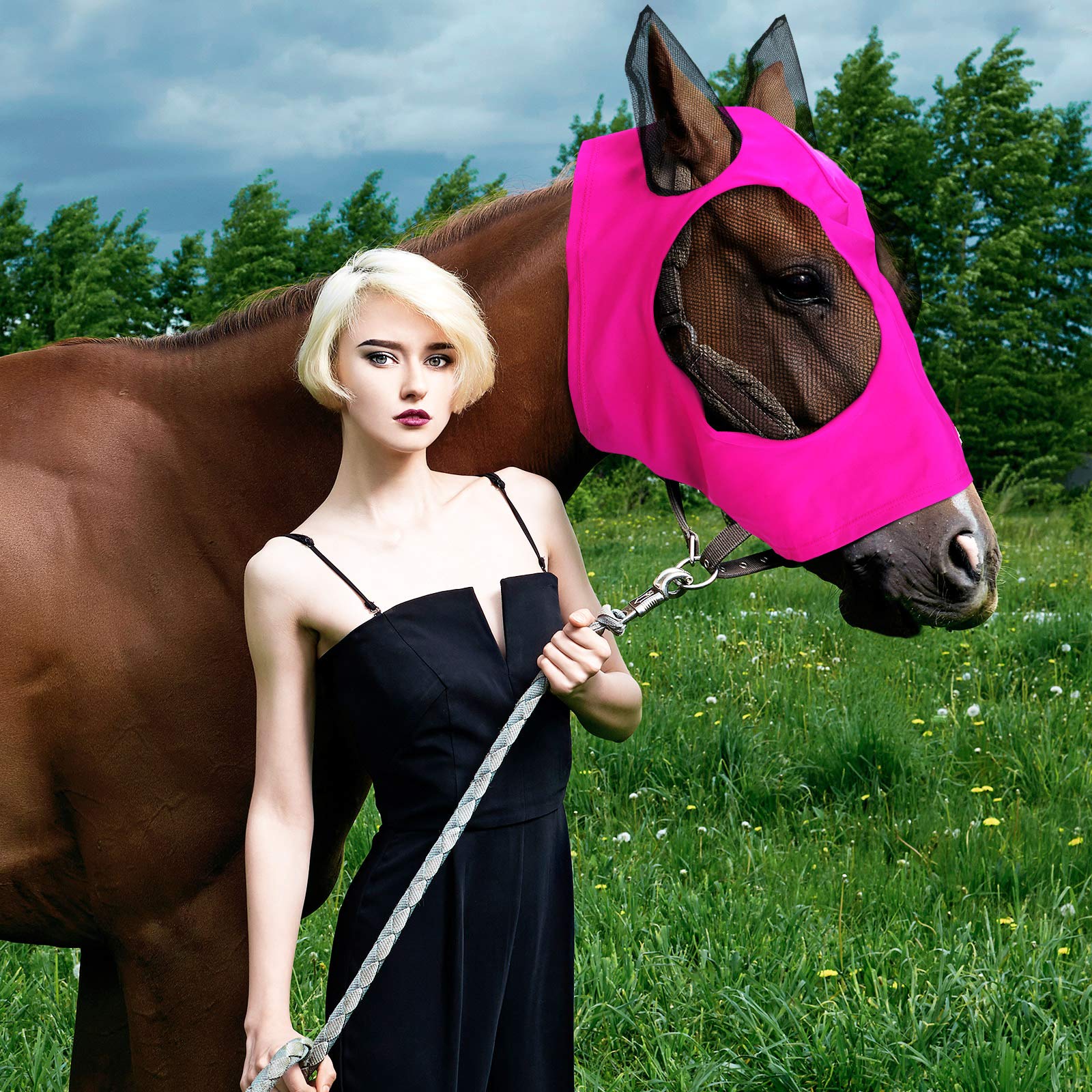 Qualirey 8 pezzi maschera per mosca cavallo confortevole maschera per cavallo con orecchie morbida elasticità antimosche protezione solare per cavallo (grande)