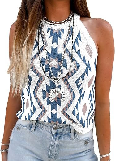 MARZXIN Women Sleeveless Sweater Tank Round Neck Casual Aztec Geometric Knit Sweater...