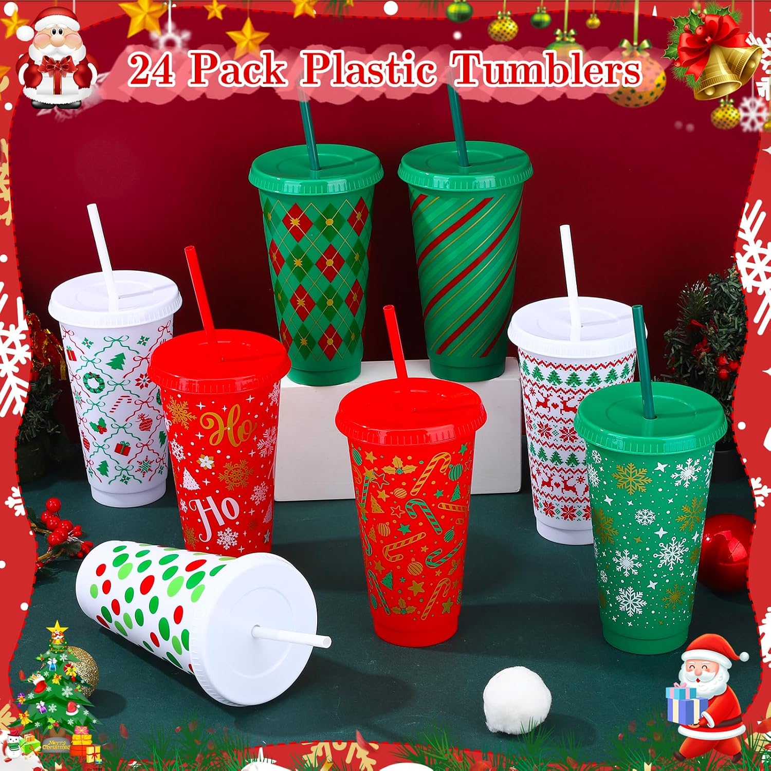 24 Pcs Christmas Plastic Cups with Lids and Straws, 24 OZ Reusable Drinking Cups for Christmas Party Supplies Birthday Gift Juice Coffee Cold Drinks - Image 4