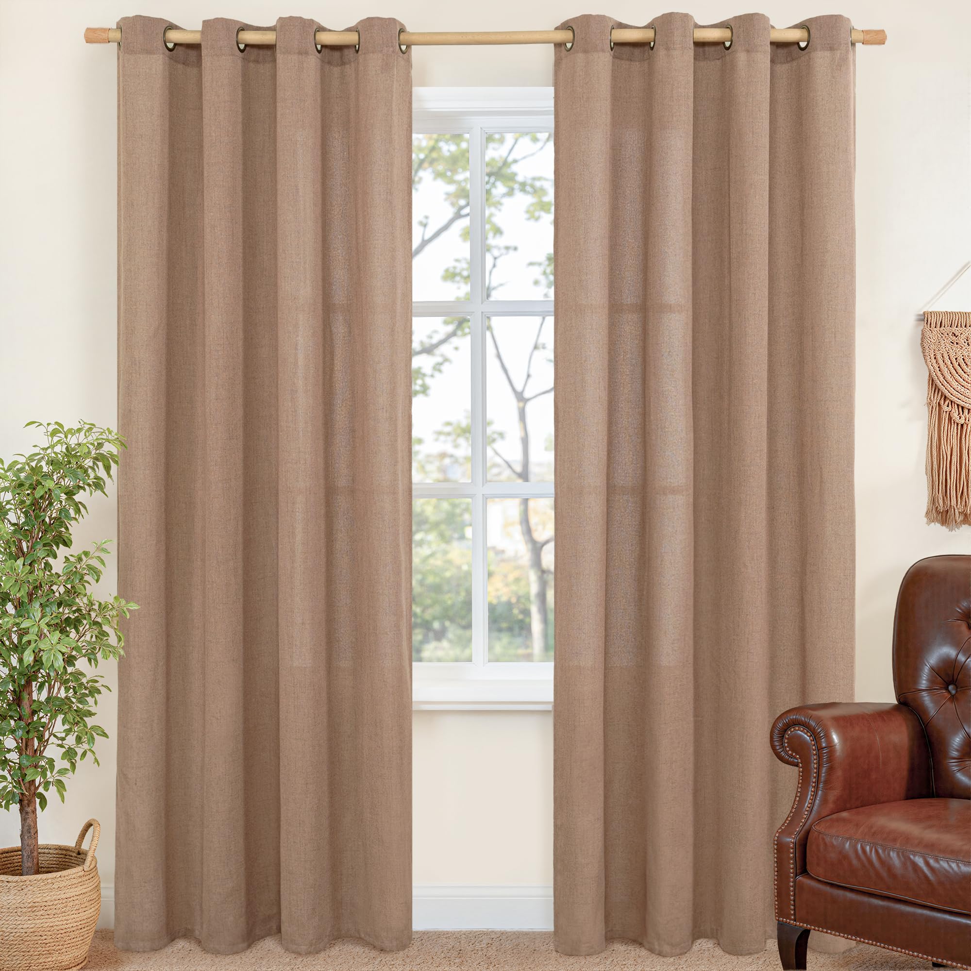 YoungsTex 80 Inches Long Mocha Brown Linen Curtains for Living Room Window, Light Filtering Drapes with Grommet Semi Sheer Rustic for Bedroom, 2