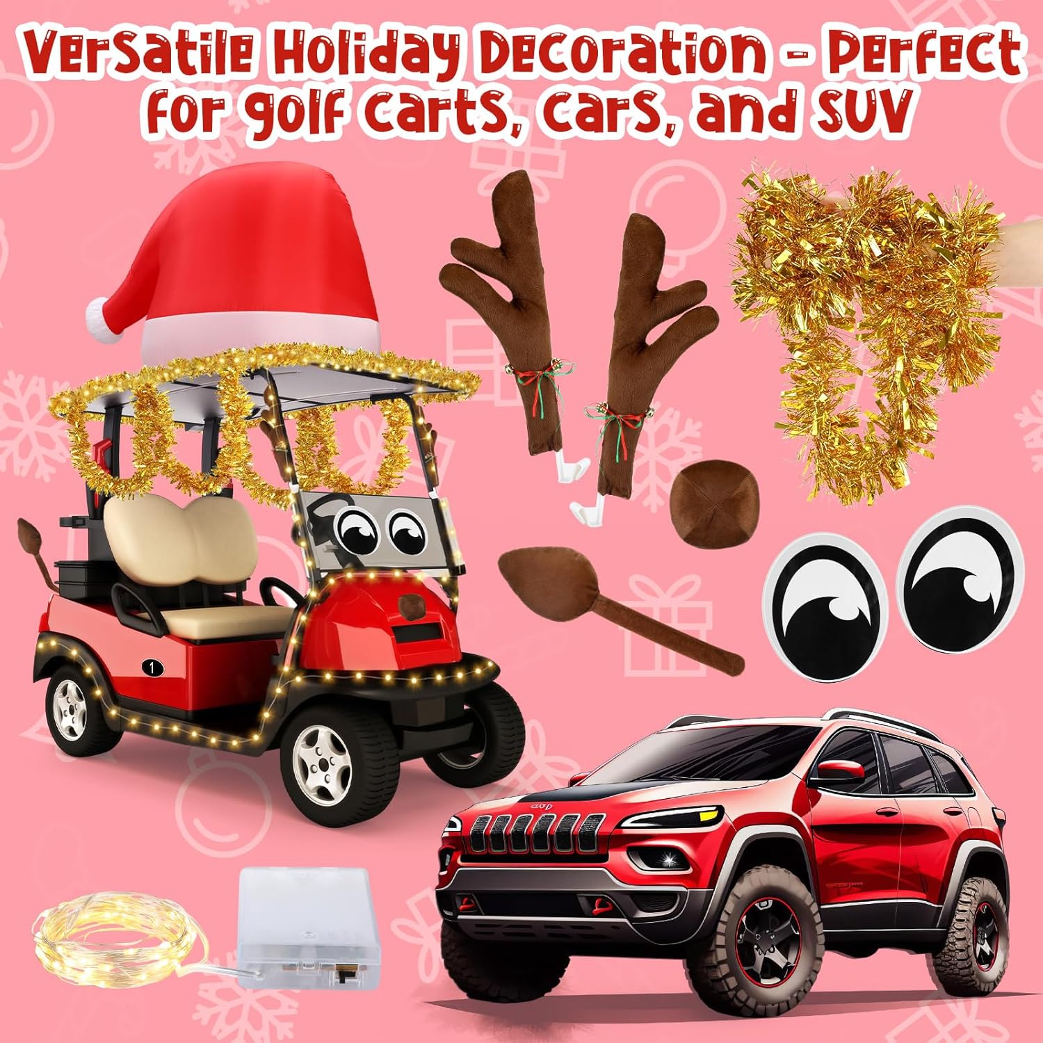 Seematn 9 Pcs Christmas Parade Golf Cart Decorations Kit with LED Light String - 4 ft Large Inflatable Santa Hat for Car Roof - Reindeer Antlers Nose Tail Eyes Gold Garland Xmas Holiday Car Parade