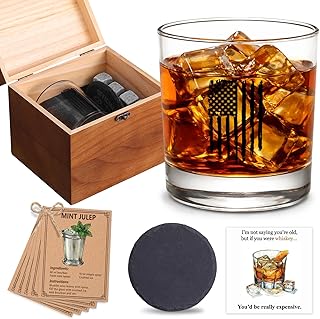 Domensi 14 Pcs National Police Week Gift Set for Men American Flag Cup Whiskey Glass with Wooden Box Whiskey Stones Coaster Recipe Cards for Law Enforcement Officer Cop Birthday Retirement