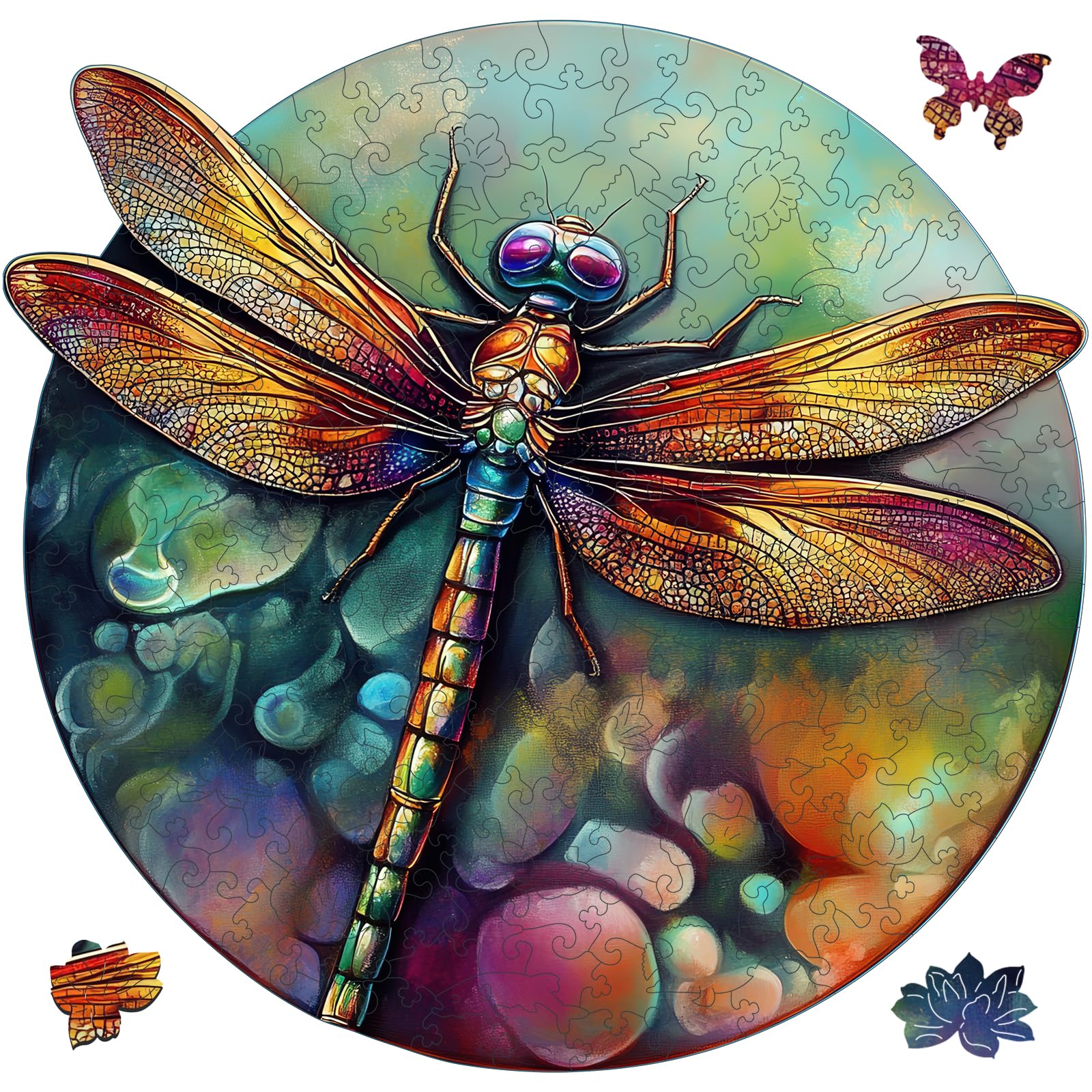 Mys Aurora Wooden Puzzles for Adults, Dragonfly Jigsaw Puzzles 500 Pieces, Unique Shaped Round Flower Puzzles for Adults and Kids, Family Game 16.5 x