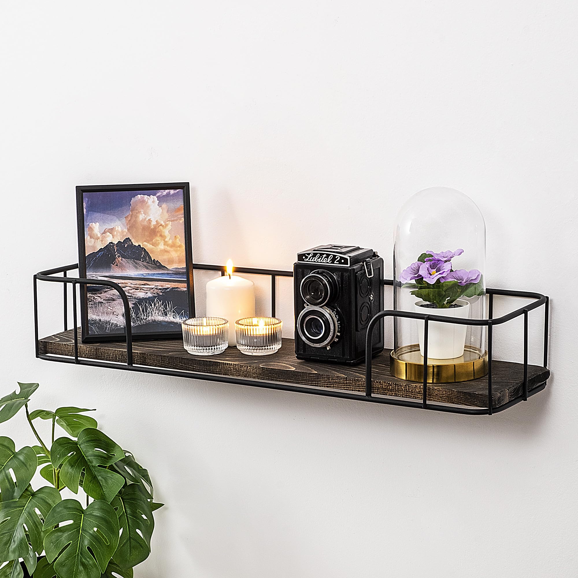 Deconation - Estantería de pared de madera de abeto y metal negro y nogal oscuro 60 x 10 x 15 cm, estilo industrial