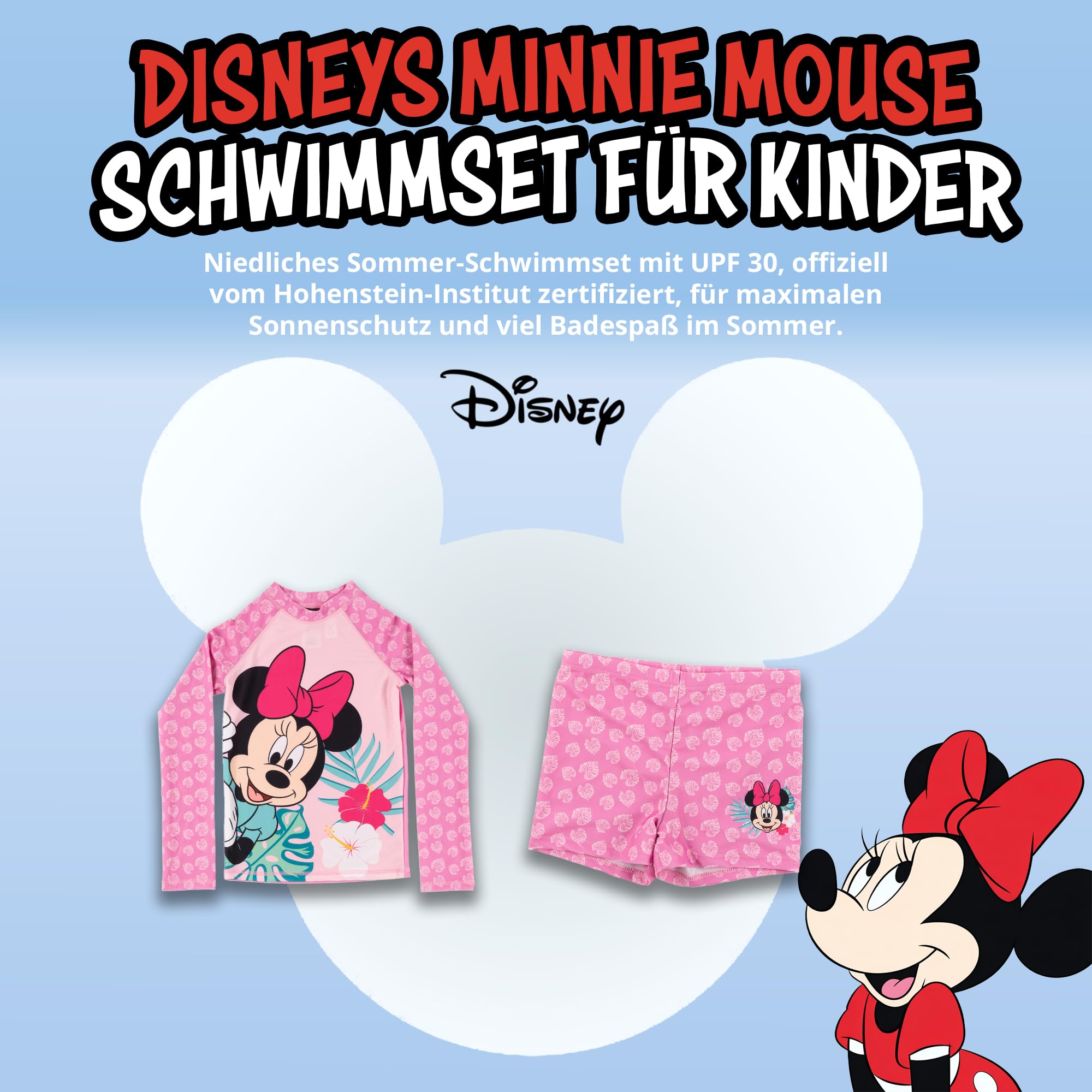 United Labels Disney Minnie Mouse Badeanzug zweiteilig UV Schutz 30 für Mädchen, Rosa, Bademode Kinder mit Shirt und Badehose, Badebekleidung