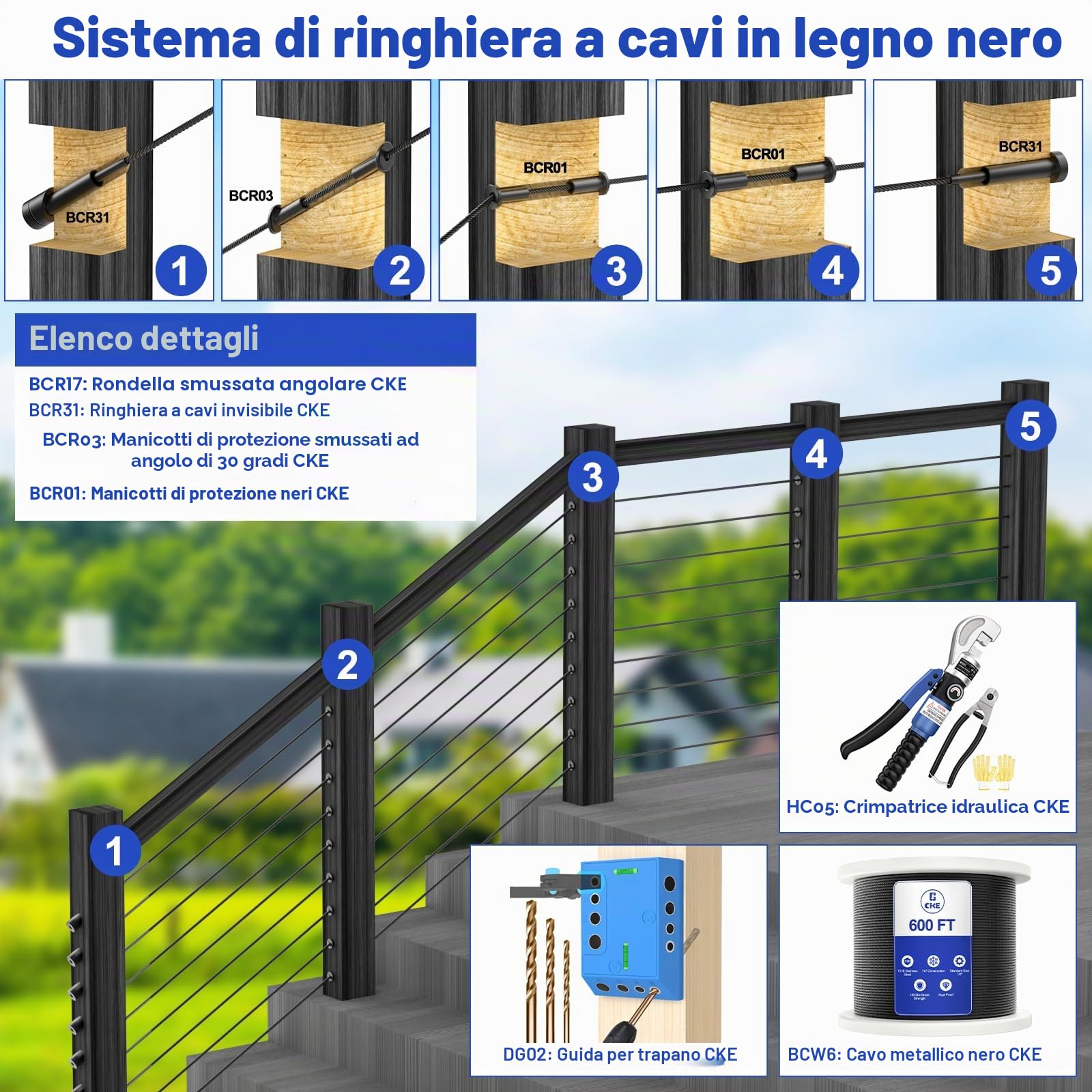 CKE Confezione da 20 kit di ringhiere invisibili per cavi neri, terminale tenditore a pressare in acciaio inossidabile T316 per sistema di ringhiere per cavi da 1/8", ricevitore invisibile e hardware