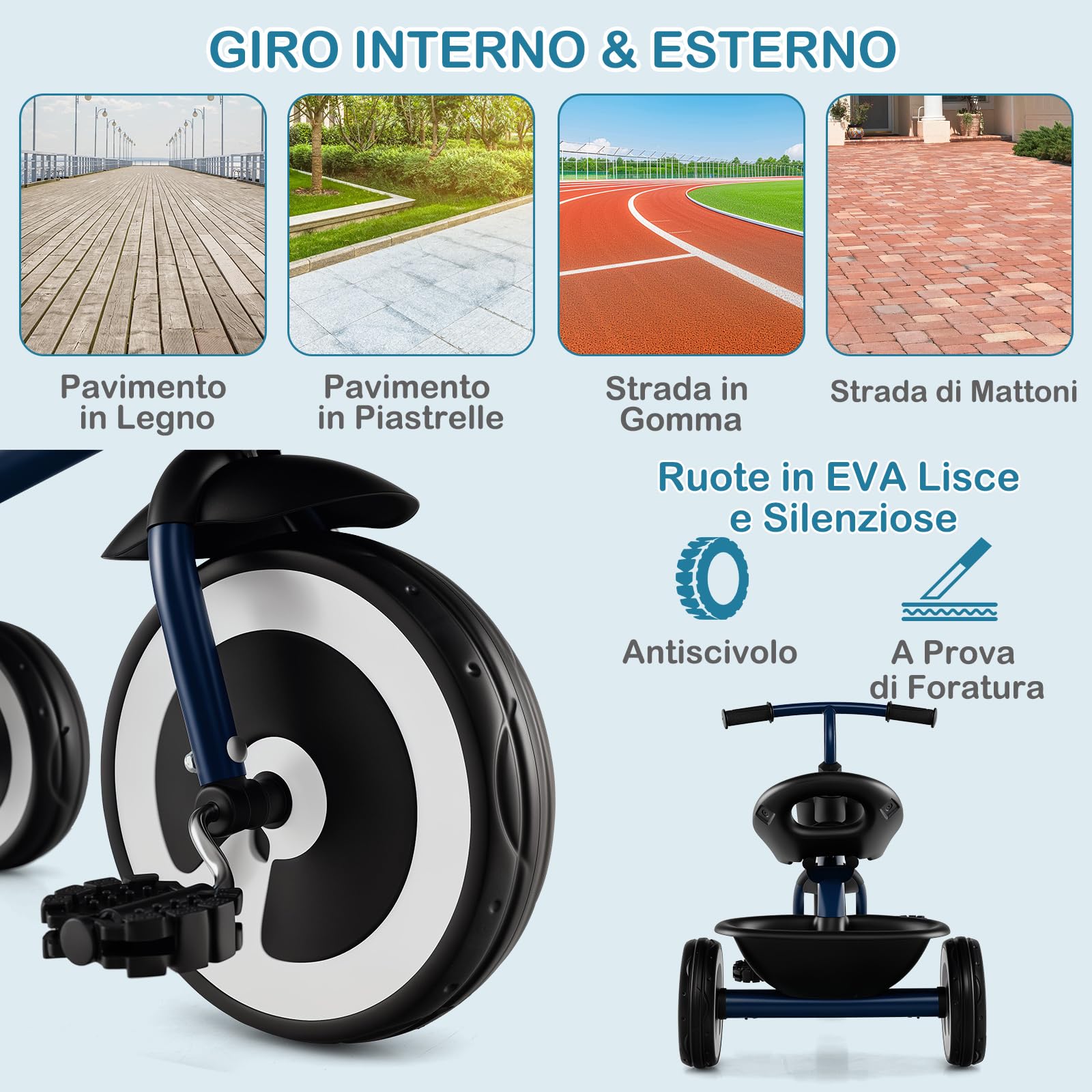 COSTWAY Triciclo per Bambini, Trike con Sede Regolabile Cestini Anteriori e Posteriori, Bicicletta a 3 Ruote con Telaio in Ferro Carbonioso di Alta Resistenza, per Bambini 1,5-5 Anni (Blu)