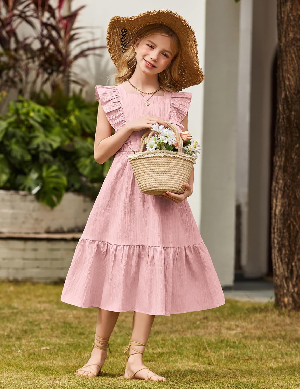 Arshiner Girls Summer Tie Back Dress Tween Boho Casual Square Neck Flutter Sleeve Maxi Dresses with Pockets - Image 8