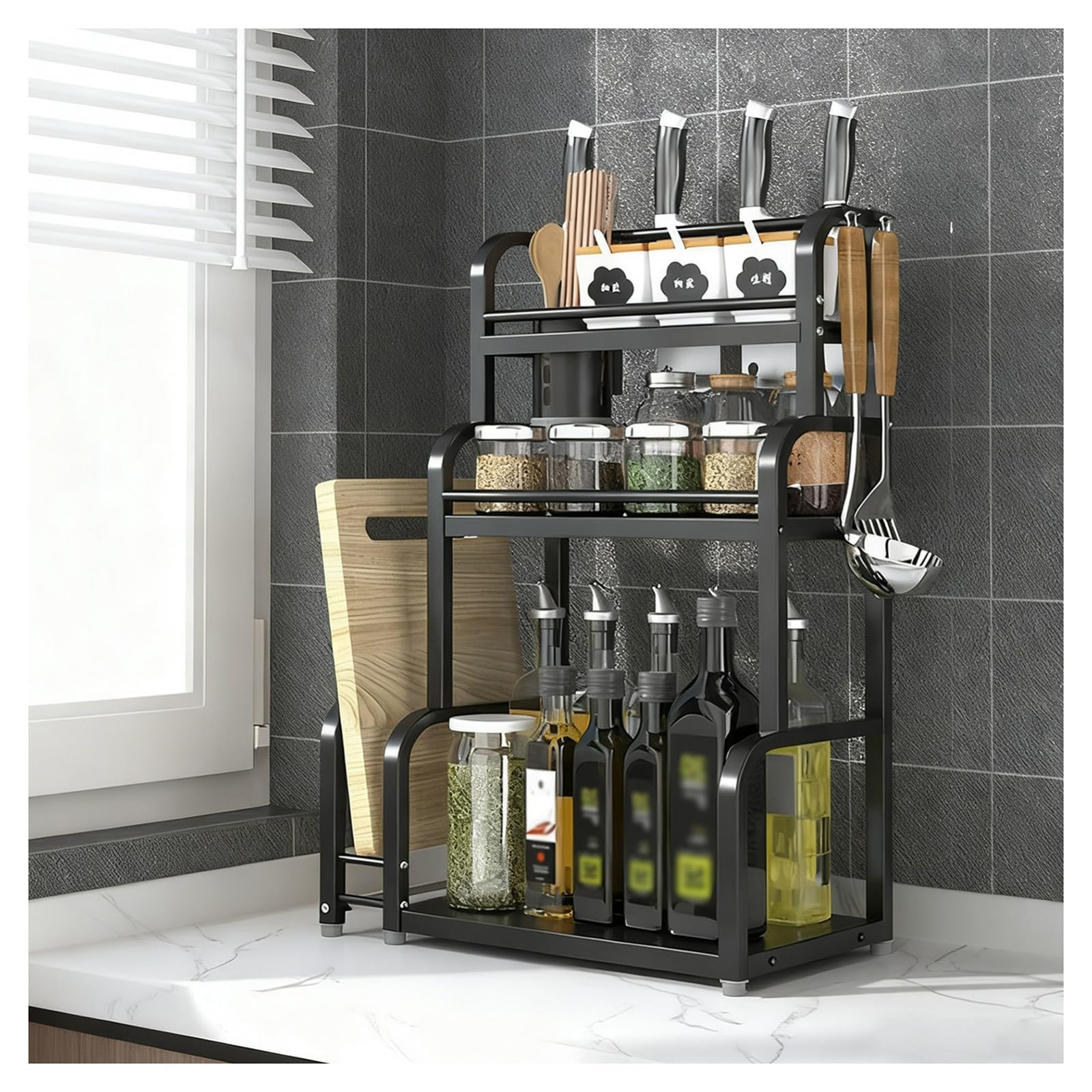 TIANQIHAO Stainless Steel Spice Rack For Kitchen, Large Standing Storage Tray With Hooks And Utensil Holders, Nizer For Pantry And Bathroom,3 Tier-30cm/11.8in