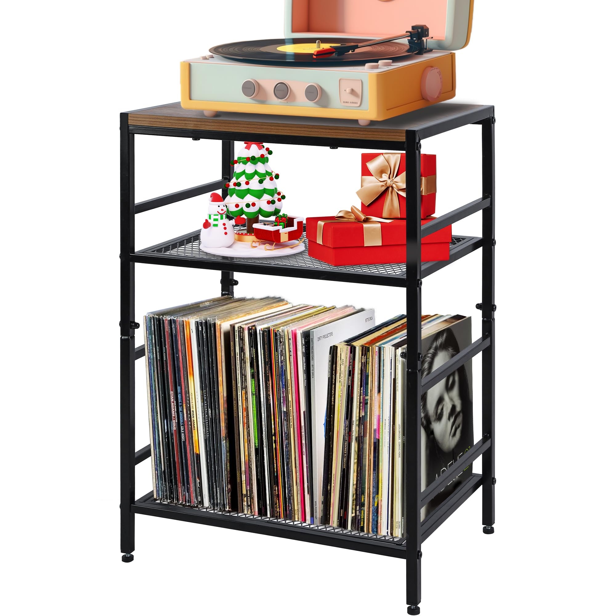 GIOTORENT 3-Tier Record Player Stand with Vinyl Storage, Tall Nightstand with Adjustable Shelf, Narrow Side Table/Bedside Table for Living Room, Bedroom, Office, Bathroom, Rustic Brown and Black