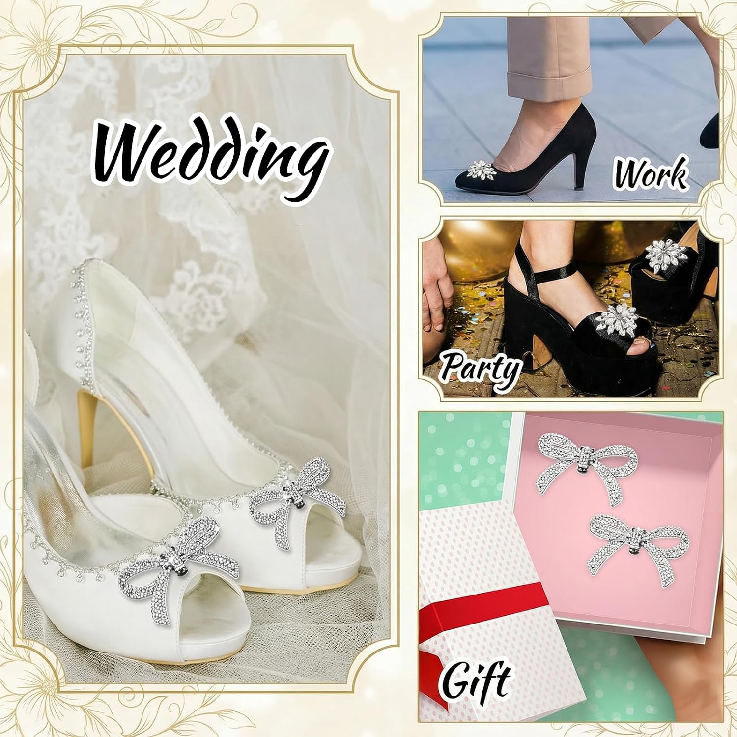 4pcs Rhinestone Shoe Clips for Women's Dress Shoes, Brilliant Crystal Shoe Heel Clip Detachable Buckle DIY Bow Charms for Wedding Birthday New Year Valentine's Day Party Decorations