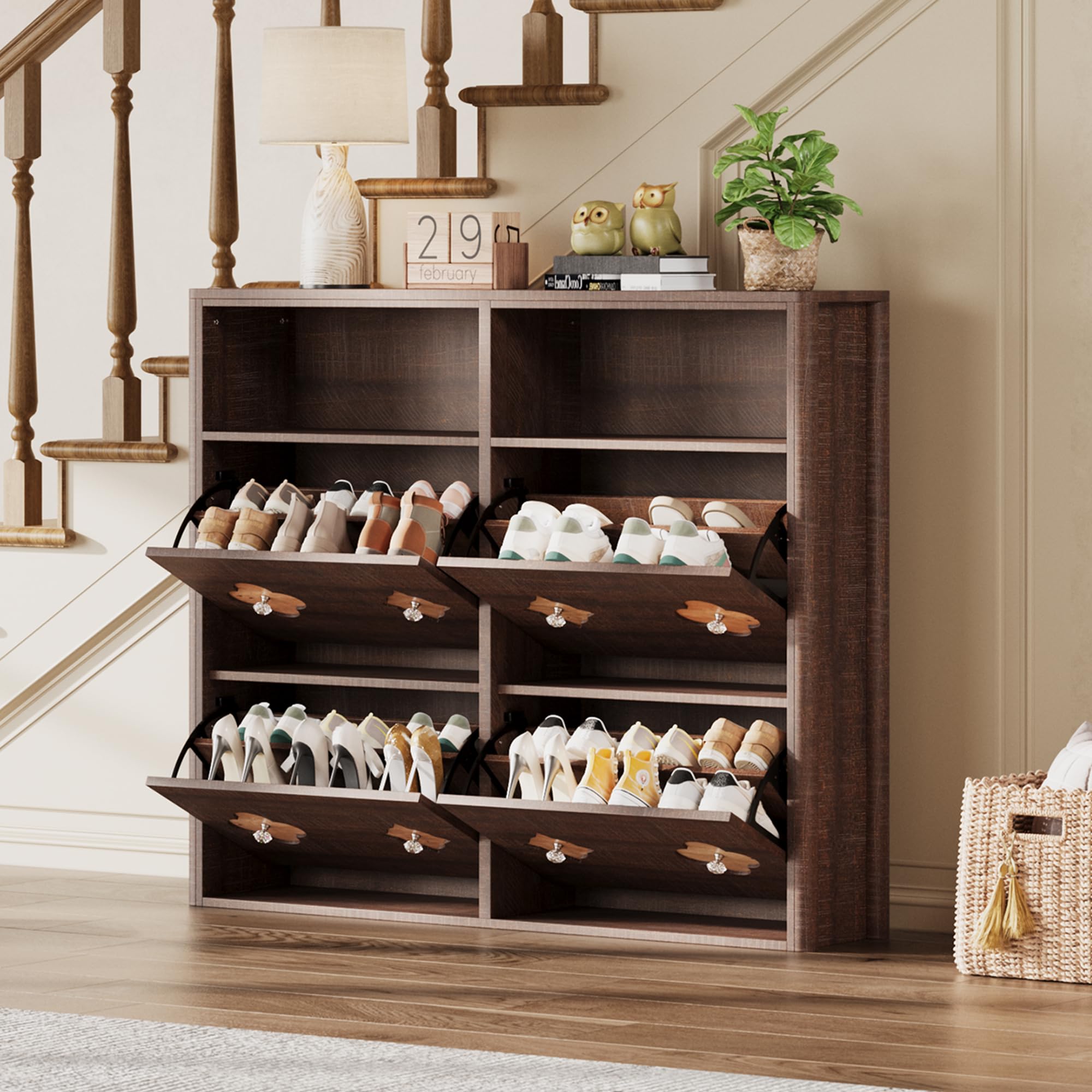 GarveeHome Shoe Cabinet with 4 Flip Drawers &amp; Adjustable Shelves, Brown
