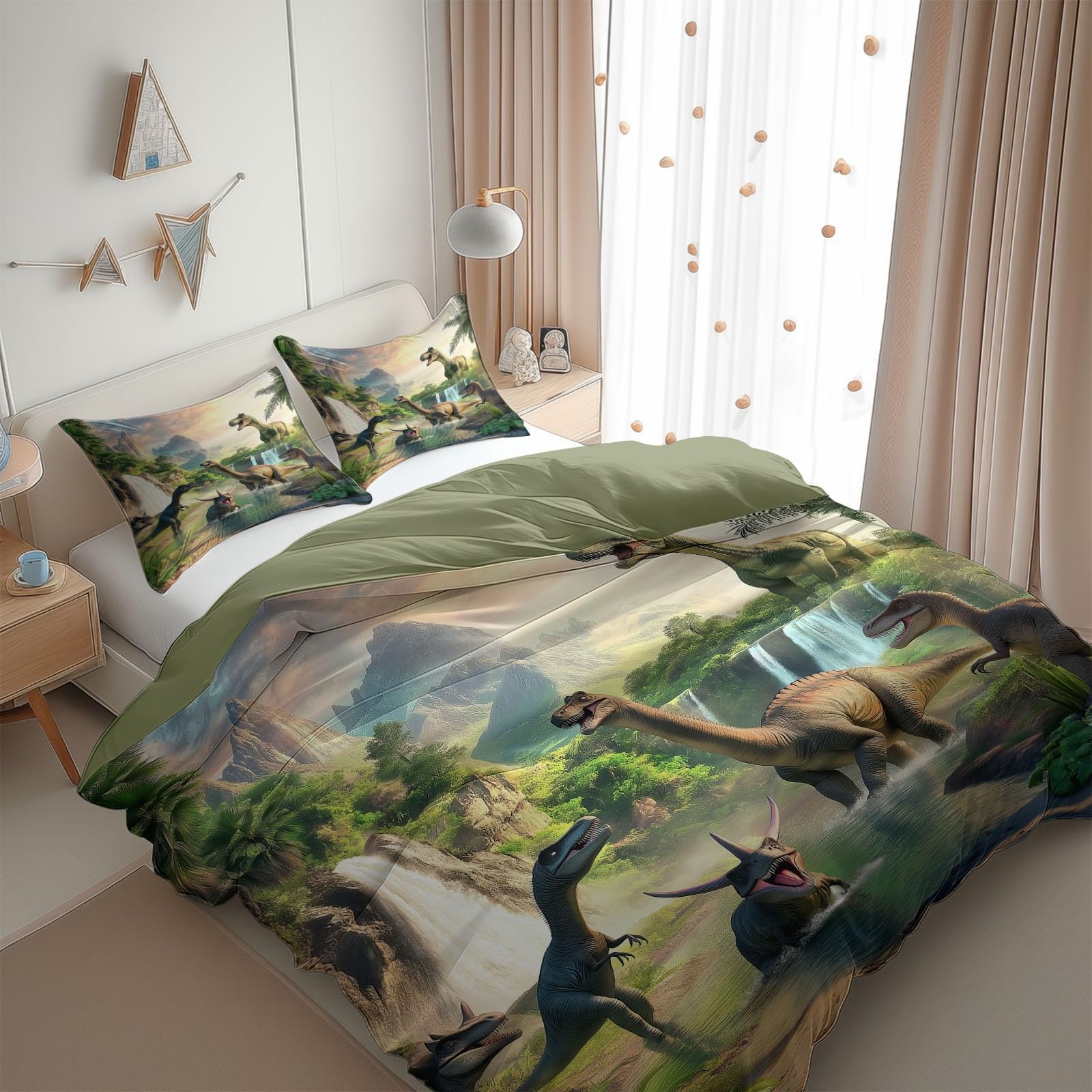 Dinosaure Dessin Animé Housse de Couette 1 Personnes 140 x 200 cm pour Ado Fille Enfants, Cascade Forêt Parures de Lit Hypoallergique en Microfibre avec Fermeture Éclair et 2 Taies d'oreiller