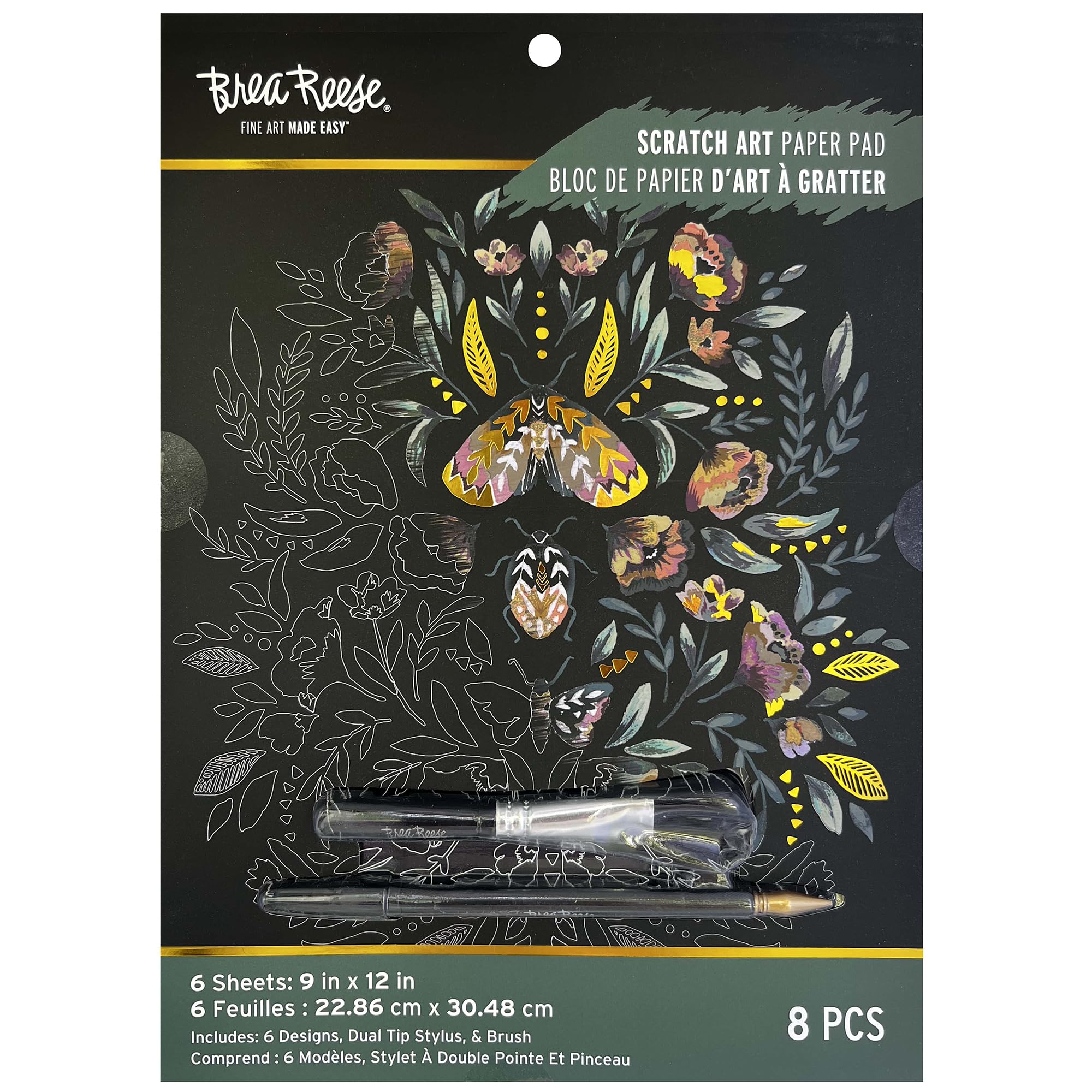 Brea Reese: Scratch Art Paper Pad - Fall Florals - 6 Designs, Guided Art, Metallic Accents, Stylus & Brush, Perforated 9x12 Pages, DIY Adult Craft-image-14