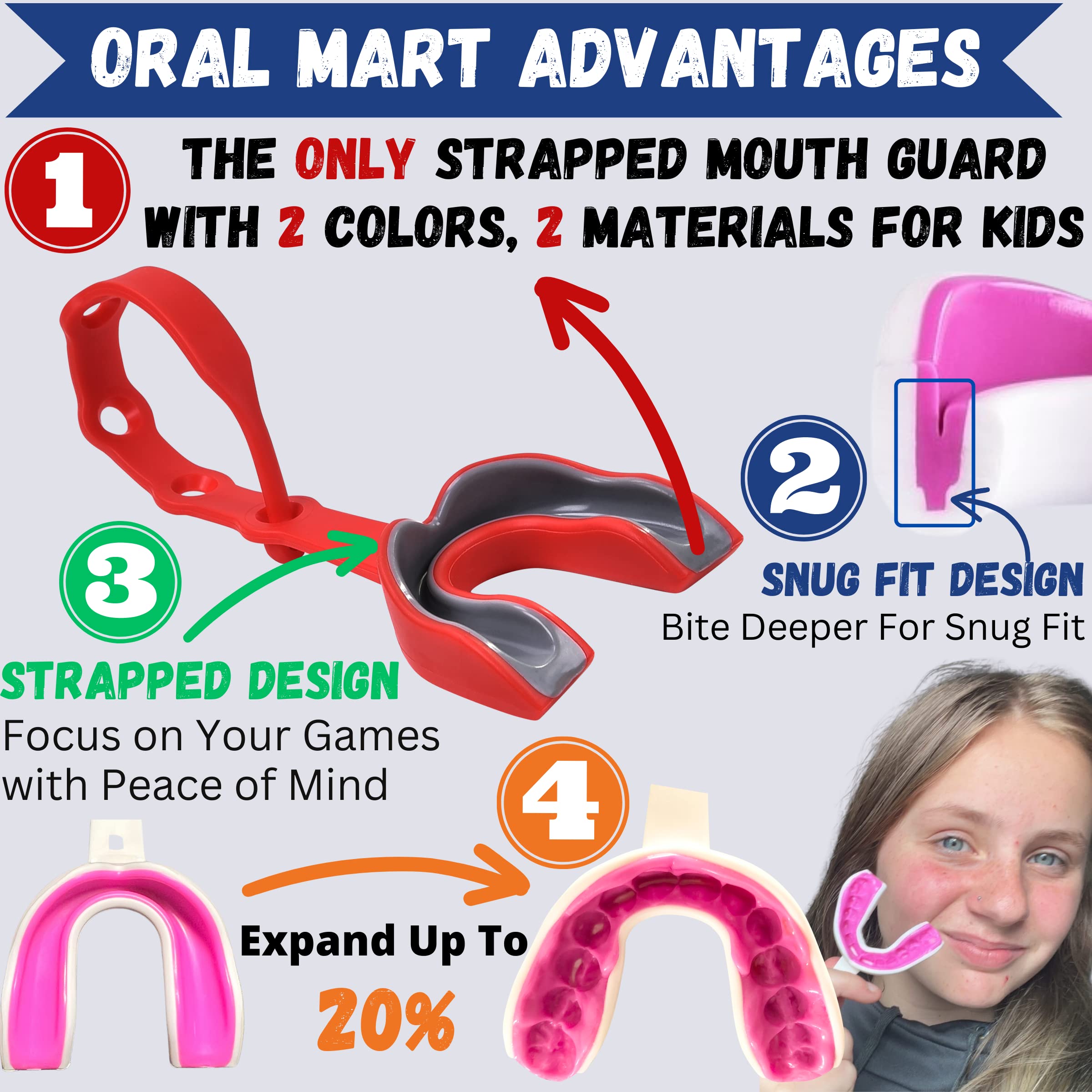 Oral Mart Jugend-Mundschutz für Kinder, mit Riemen, Rot / Grau, Sport-Mundschutz mit verbundenem Gurt für Fußball, Eishockey, Lacrosse, Taekwondo