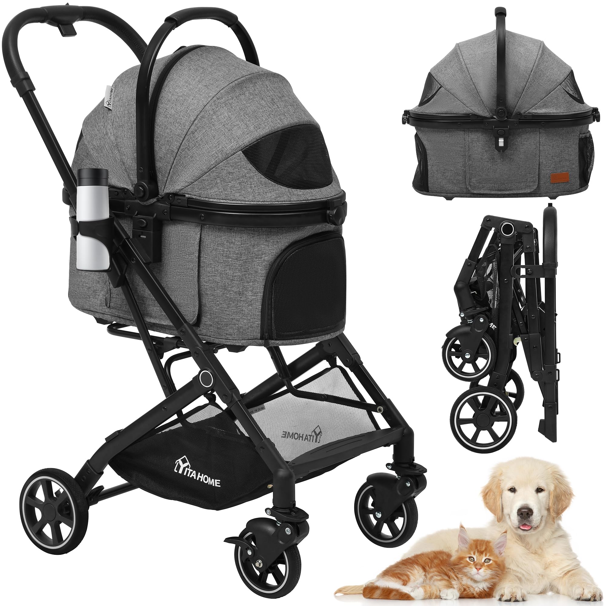 YITAHOME Carro Perro 3 en 1, Carrito para Perros, Cochecito de Viaje para Perros Gatos Mascotas, con Asiento de Coche Desmontable, Plegable Carro para Perros, Portátil Cochecito Perro (Gris)