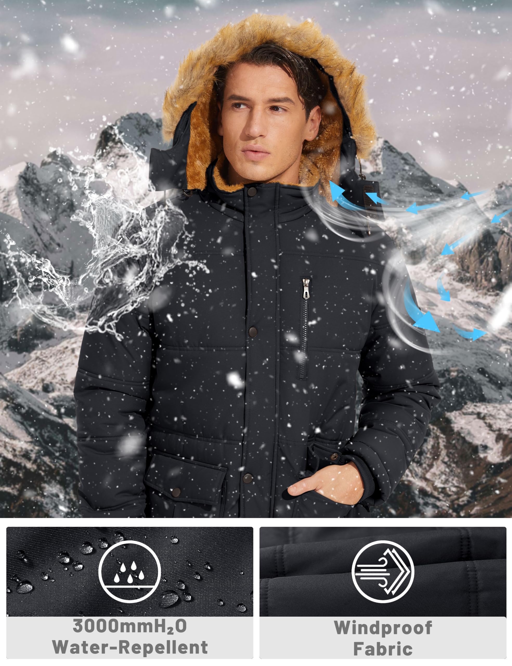 TACVASEN Herren Winterjacke Wasserabweisende Winddicht Jacke Gefüttert Warme Steppjacke mit Abnehmbarer Kapuze