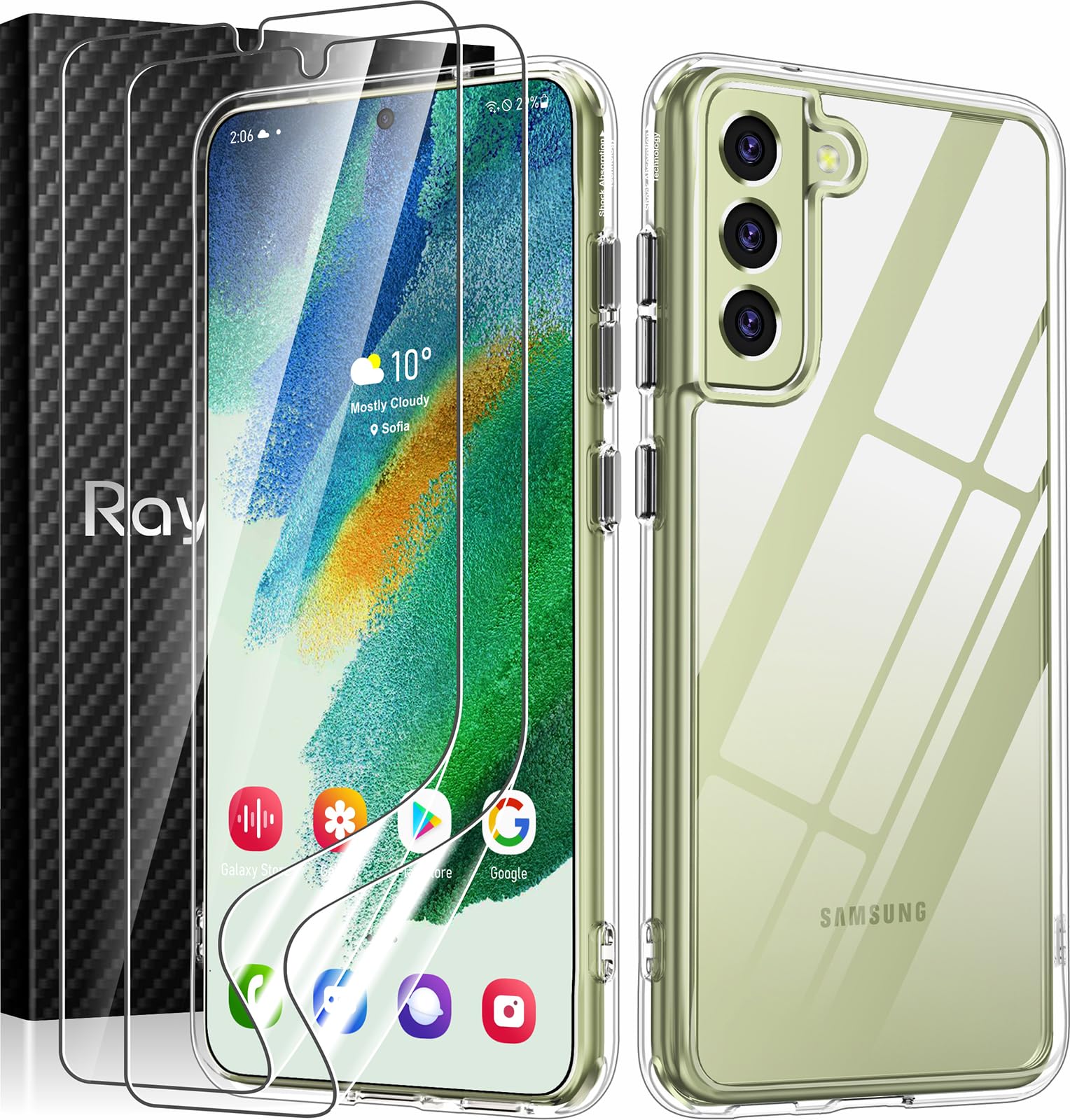 Rayboen for Samsung Galaxy S21 FE 5G Case with 2X Soft Screen Protector, Crystal Clear Hybrid Designed Protective Shockproof Slim Phone Cover for Samsung Galaxy S21 FE