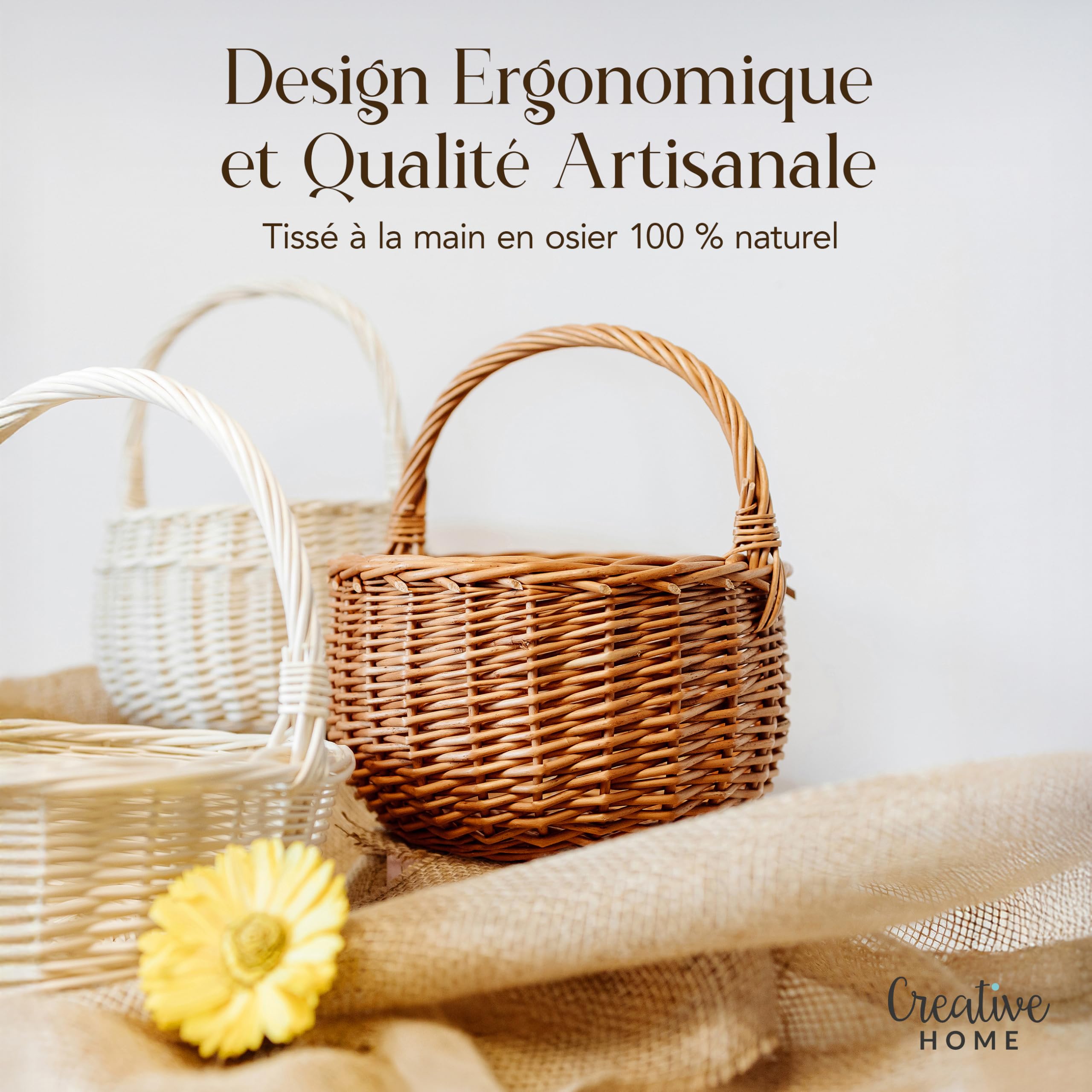 Creative Home Petit Panier de Pâques en Osier | 22 x 22 x 26 cm (+/- 2 cm) | Panier avec anse | Tissé à la main | Panier cadeau | Panier fruits | Marron naturel
