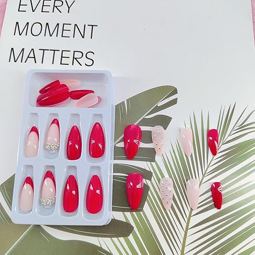 Miniatura 15 de Uñas postizas medianas a presión con lazos 3D, diseño de diamantes de imitación, punta francesa, pegamento brillante en las uñas acrílicas blancas