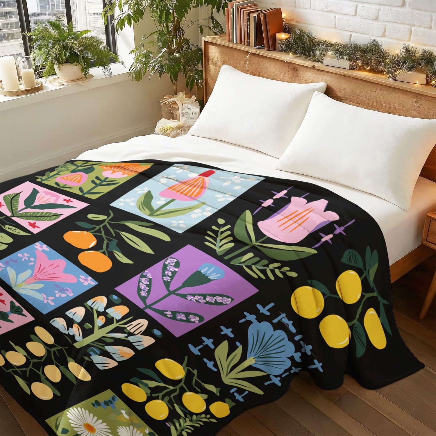 Kuscheldecke Flauschig 150 cm x 200 cm - Wohn Kuscheldecken Modern Folk Fleecedecke Weich und Warme, Botanisches Kollage Karomuster Schwarz Blumen Farbe Wohndecke Flanell Fluffy Blanket