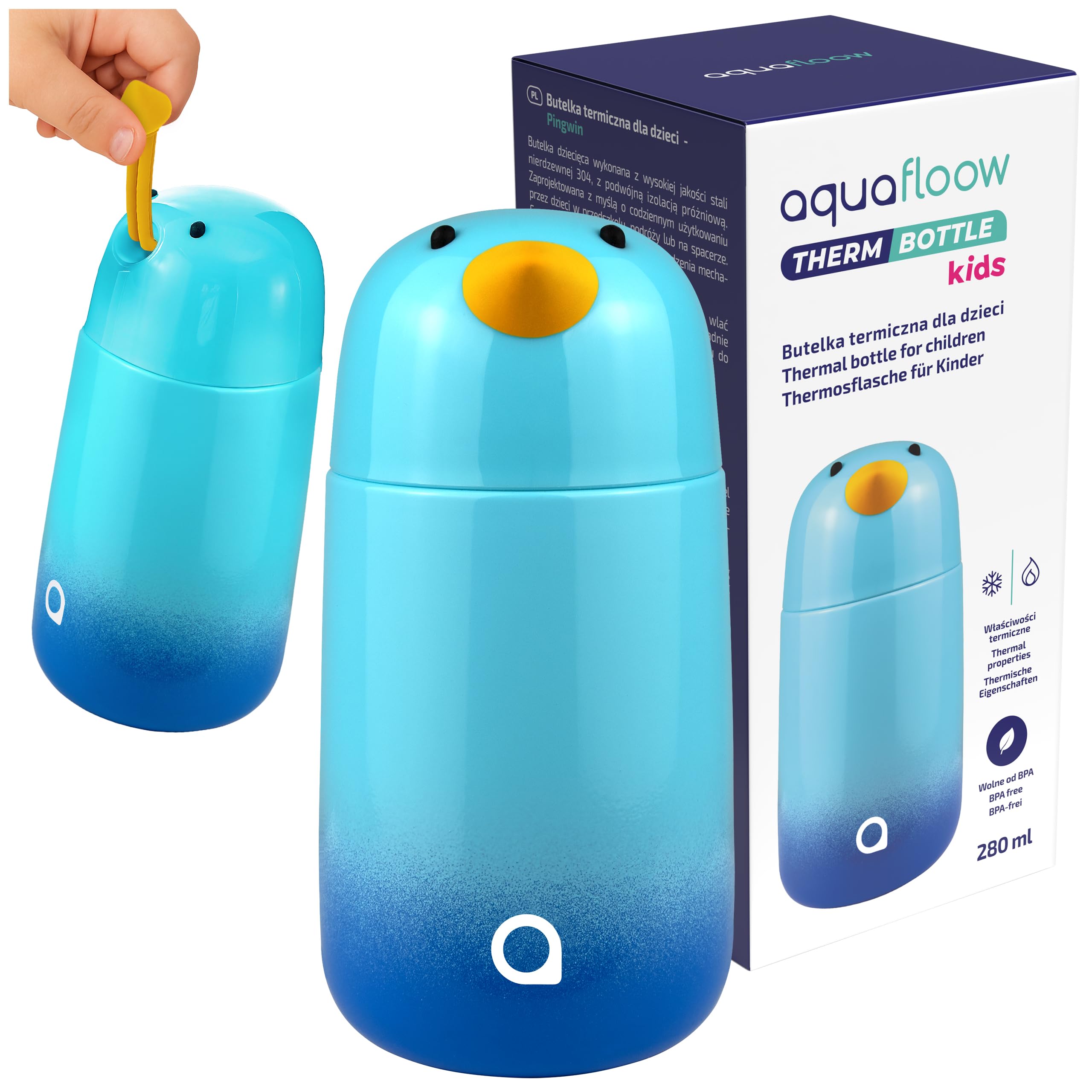 Aquafloow Thermosflasche aus Edelstahl für Kinder 280ml, Isolierte Trinkflasche Ideal für Sport, Kindergarten, Schule, Wasserflasche BPA FREI für Kalte und warme Getränke- Penguin Motif