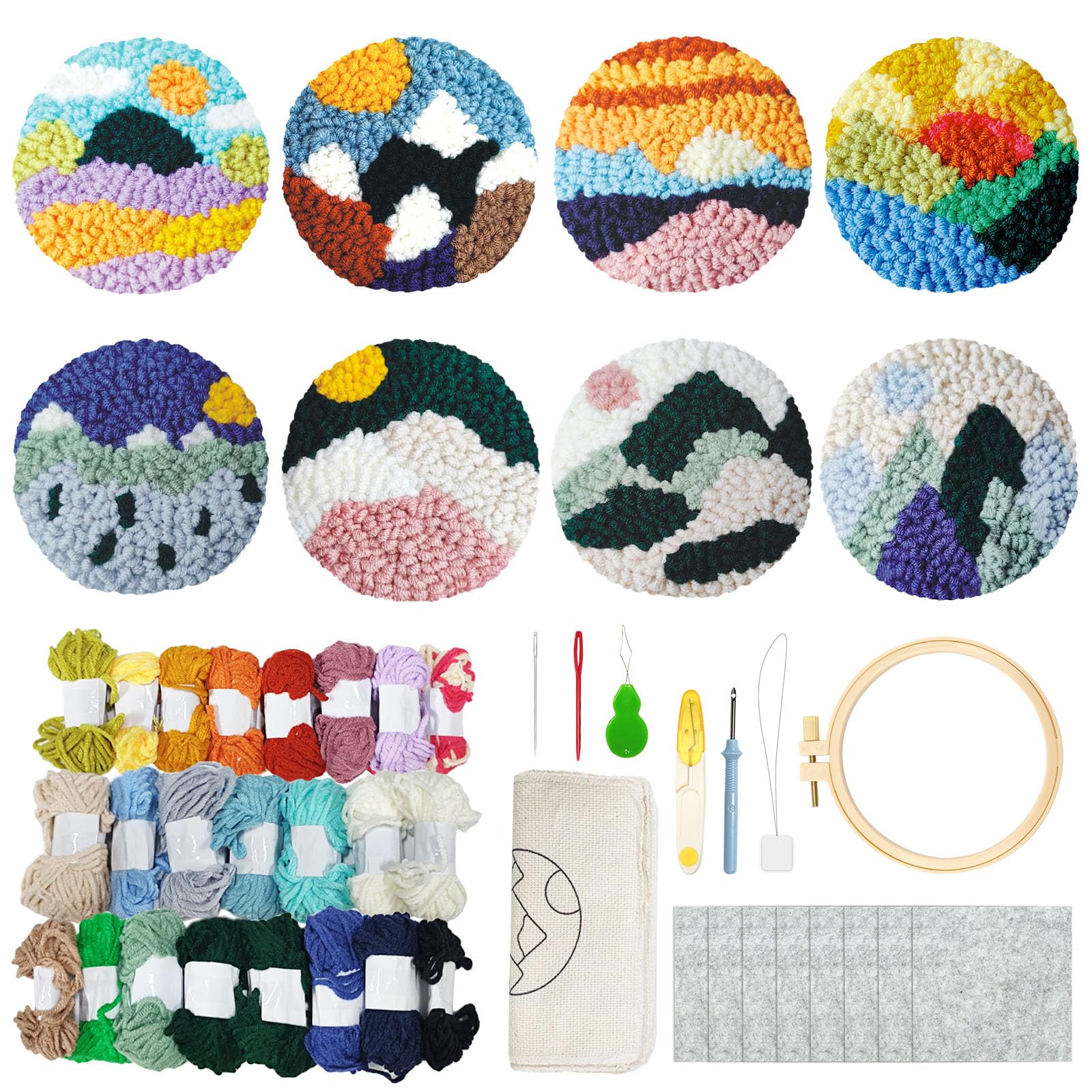 Soleeya Punch Needle Kits Adults Beginner 8 Pcs Punch Needle Coaster Kit Landscape Patterns Stitching Punch Embroidery Including Yarn Hoop Needle, Rug Tufting Coaster DIY Craft Gifts