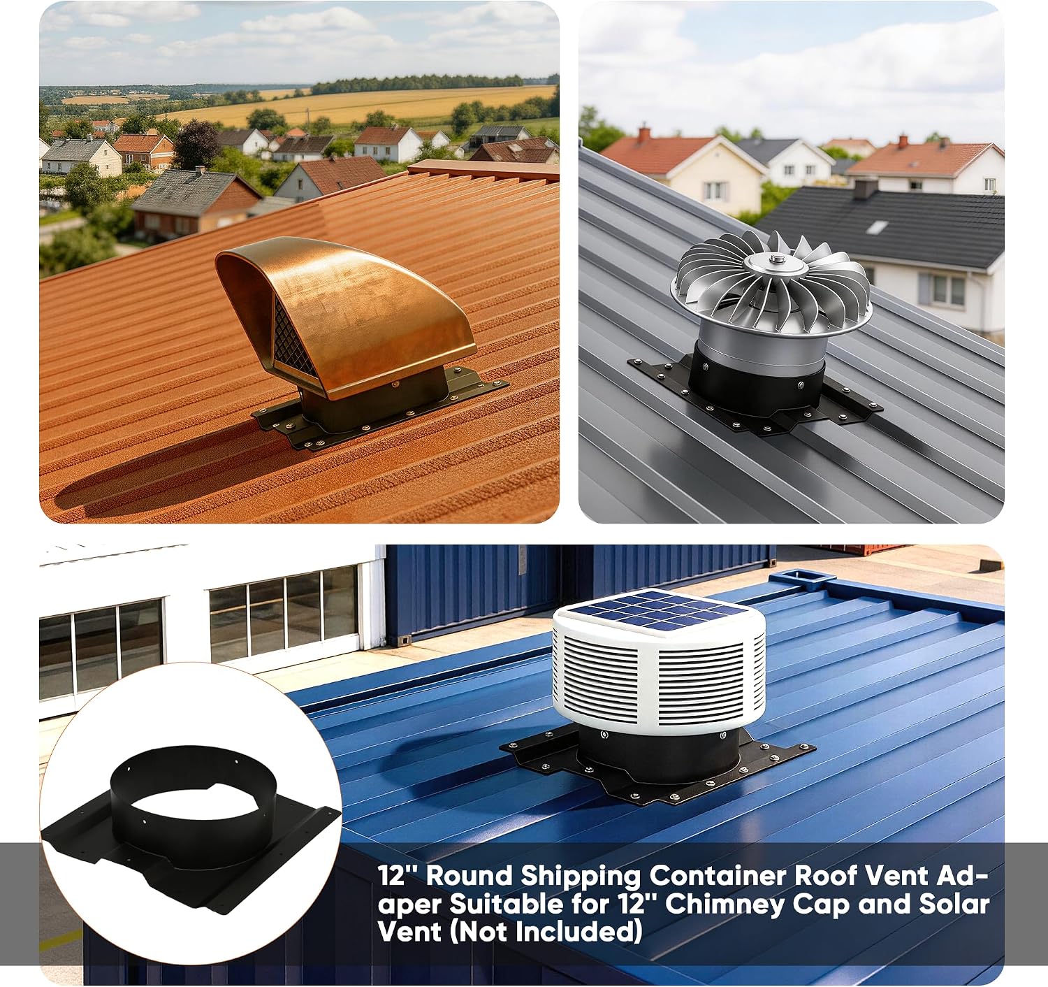 AIWFL 12 inch Roof Turbine Vent Adapter for Shipping Container Roof Vent | Fits 3.5in Conex Corrugated Ribs Container Roof for 12" Whirlybird Turbine,Round Chimney Cap, Solar Vent (Not Included)