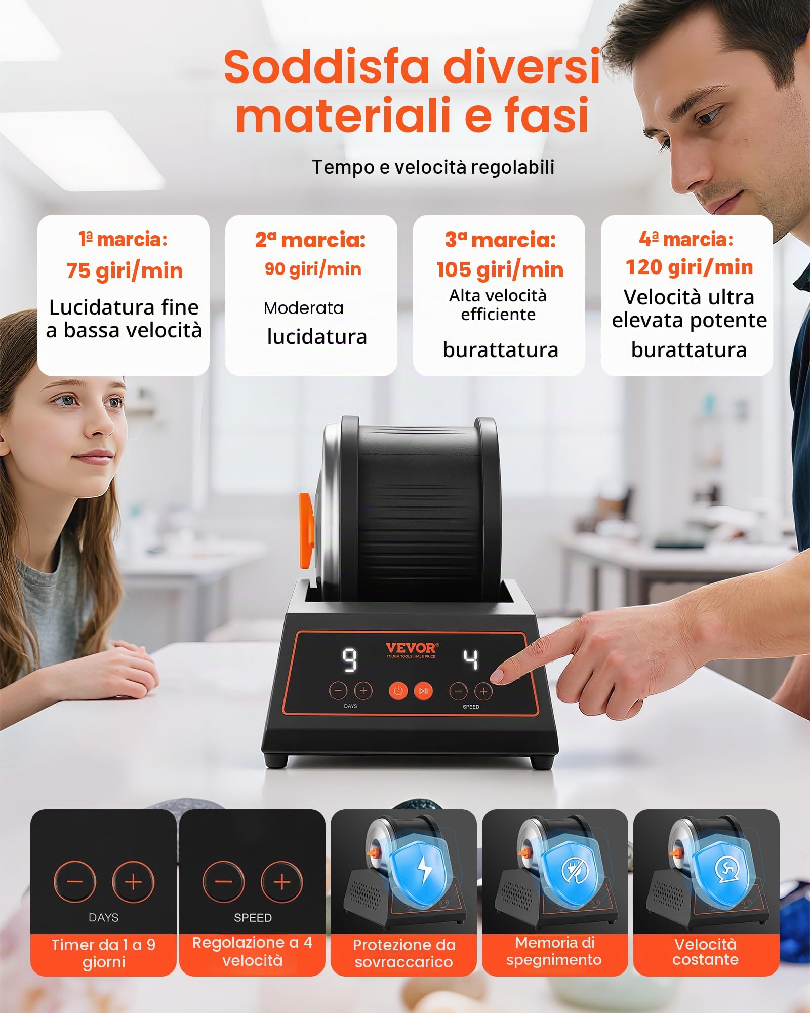 VEVOR Lucidatrice Elettrica per Rocce, Carico 1,81 kg, 4 Livelli di Velocità, Set per Lucidatura con Pietre con Timer, Pannello di Controllo, Protezione da Sovraccarico e Adattatore, Nero