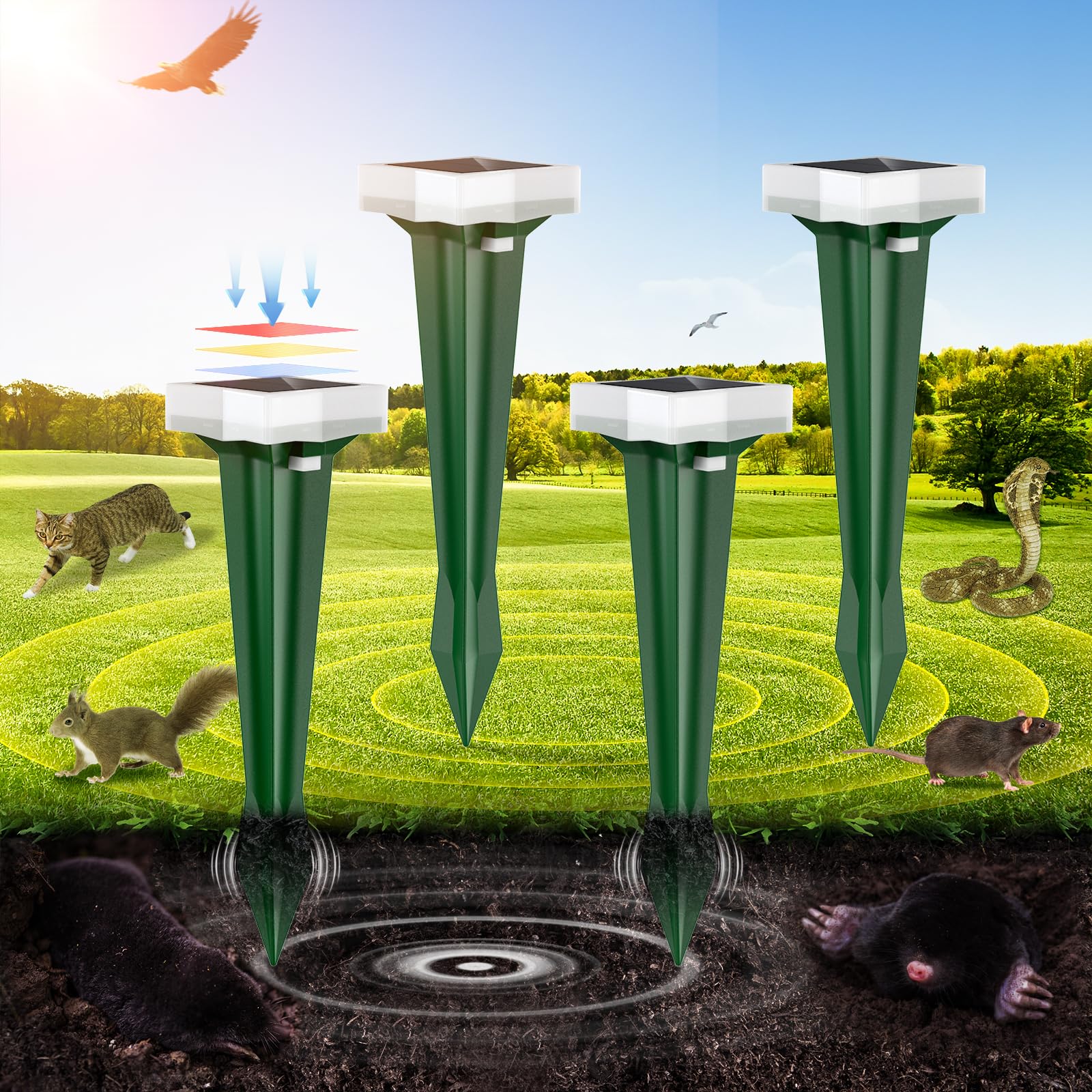 Dissuasori per Talpe, 3 Modalità di Vibrazione Scaccia Talpe con Luce LED, Solare e Impermeabile Dissuasori per Scoiattolo, Ratti e Serpenti, per Prati, Cortili e Giardini (4, Verde)