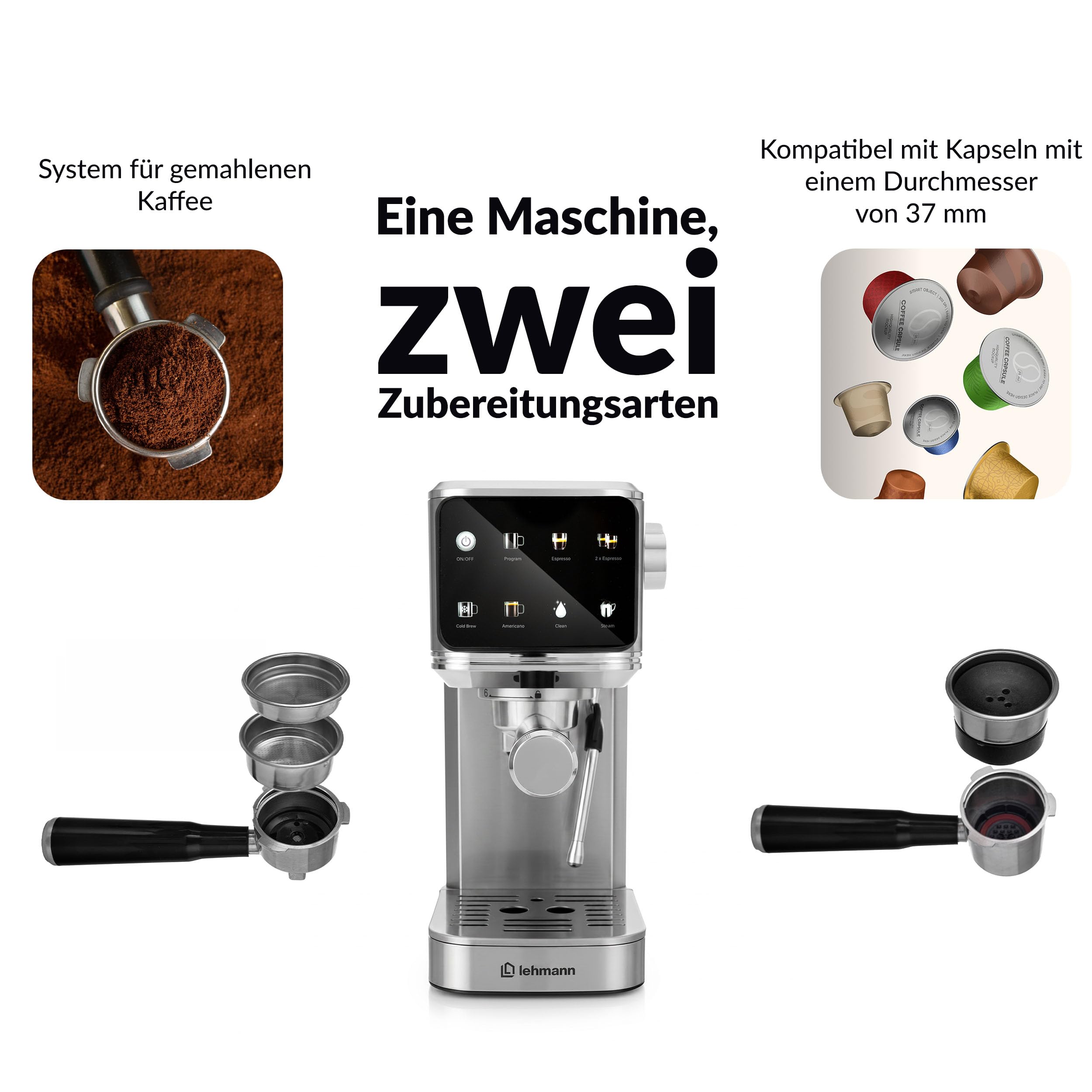 LEHMANN Bellagio Kolbowy ekspres do kawy 20 bar z funkcją spieniania mleka | Do kawy mielonej i kapsułek 37 mm, dotykowy wyświetlacz LCD, Cold Brew, Americano, zbiornik na wodę o pojemności 1,2 l
