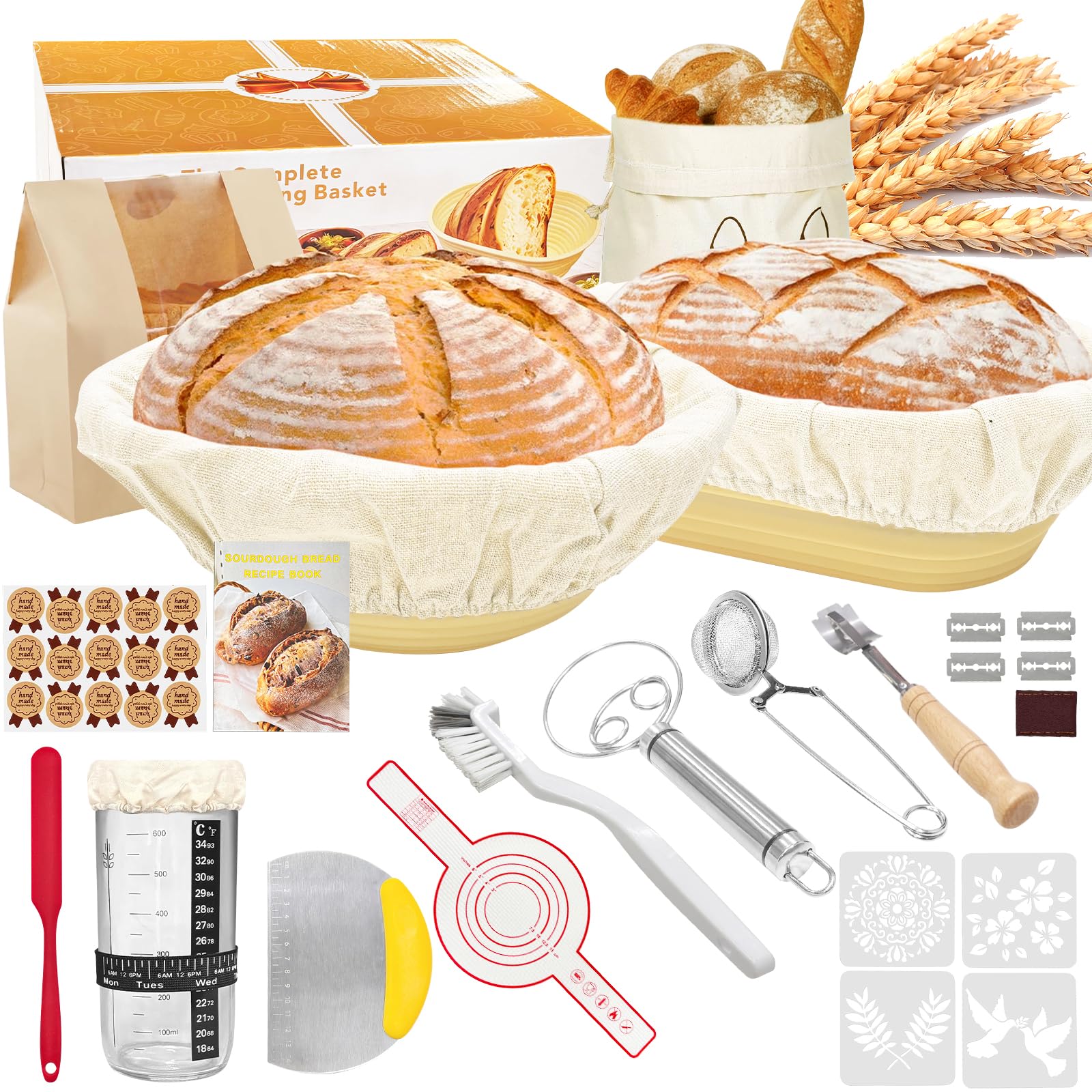 mafudoxi Sauerteig Starter Set, 16-teilig Gärkorb Brot Set, Brot Backen Zubehör, Gärkörbchen Oval und Rund 25cm & 23cm, Sauerteig Glas, Geschenk für Anfänger und Erfahrener Bäcker