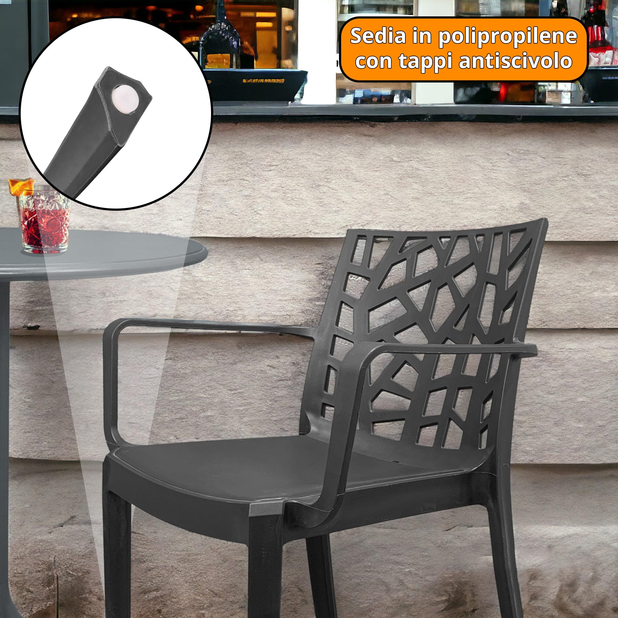Sicignano | Set 2 Poltrone con Tavolo Tondo, 3 Pezzi, Plastica, Completo Scuro, con Braccioli - Impilabile, Resistente agli UV, Arredo Interno Esterno Bar Pub Giardino Terrazzo, Made in Italy