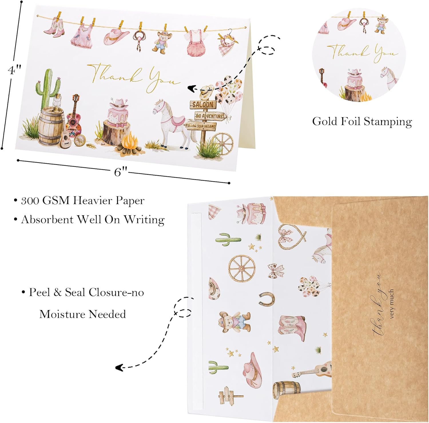 Crisky Baby Shower Thank You Cards for Girl with Envelopes, 50 Pack Pink Western Cowgirl Baby Thank You Cards for Baby Shower Birthday Party Gifts Decorations - Image 2