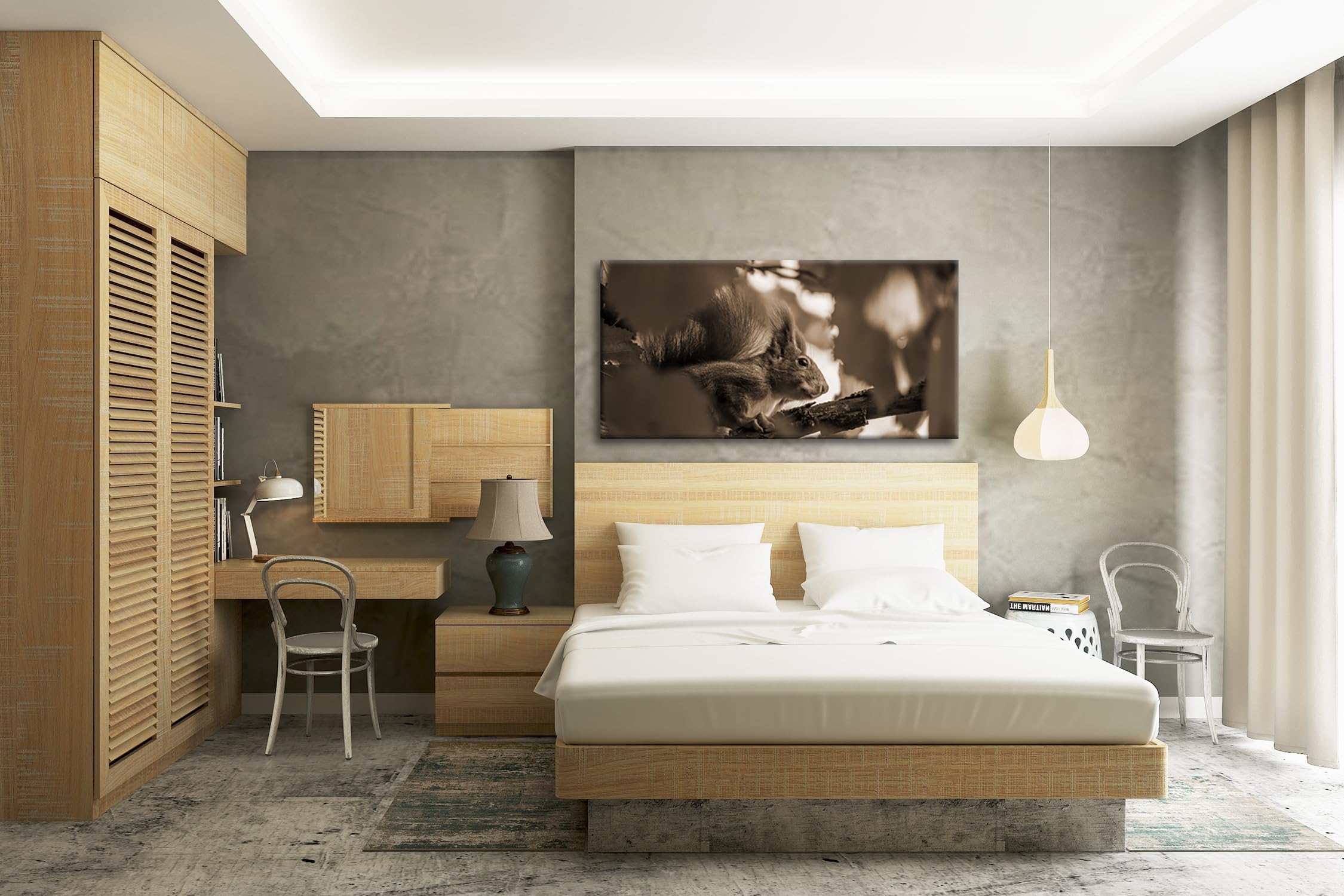 Joli panorama écureuil ravissant 100 x 50 cm - Effet : sépia comme toile - Motif prêt à être encadré sur un cadre en bois véritable - Impression numérique de qualité supérieure avec cadre