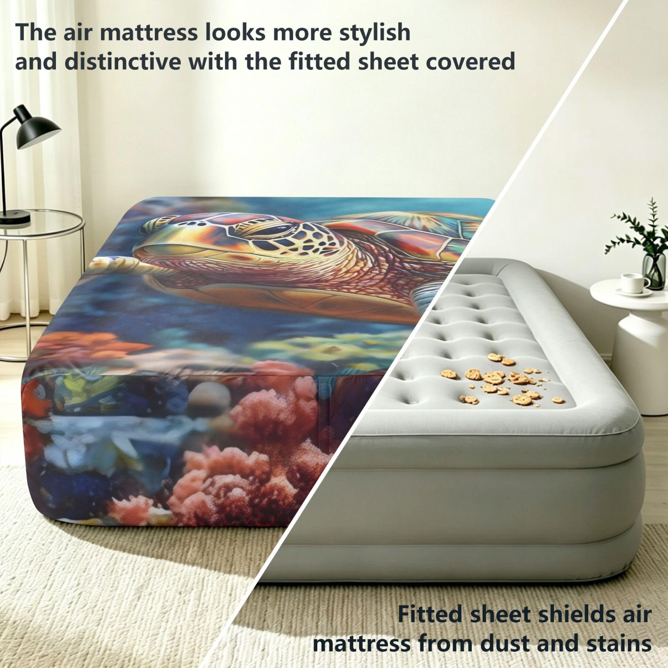Sábana bajera ajustable de tortuga marina colorida para colchón de aire, bolsillo extra profundo de 24 pulgadas, funda suave y transpirable con apertura de válvula de cremallera para cama de