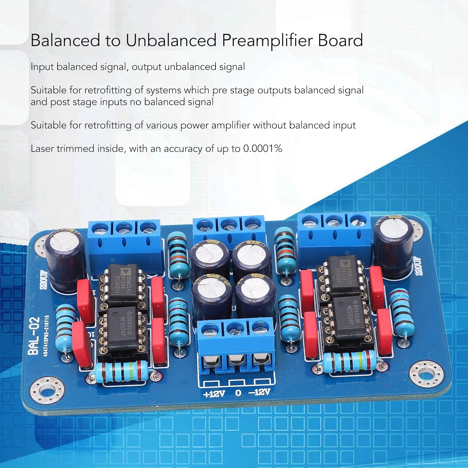 Balanced to Unbalanced Preamplifier Board, Single Ended Signal Output, 86x49mm, DC 12-15V - Low Distortion, High Gain Accuracy, Ideal for Amplifier Retrofit and Home Stereo Use