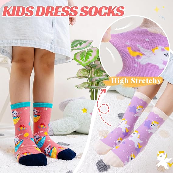 Velice Kids Girls Boys Cotton Crew Socks Funny Crazy Novelty Cartoon Cute Silly Dress Socks 6 Pairs