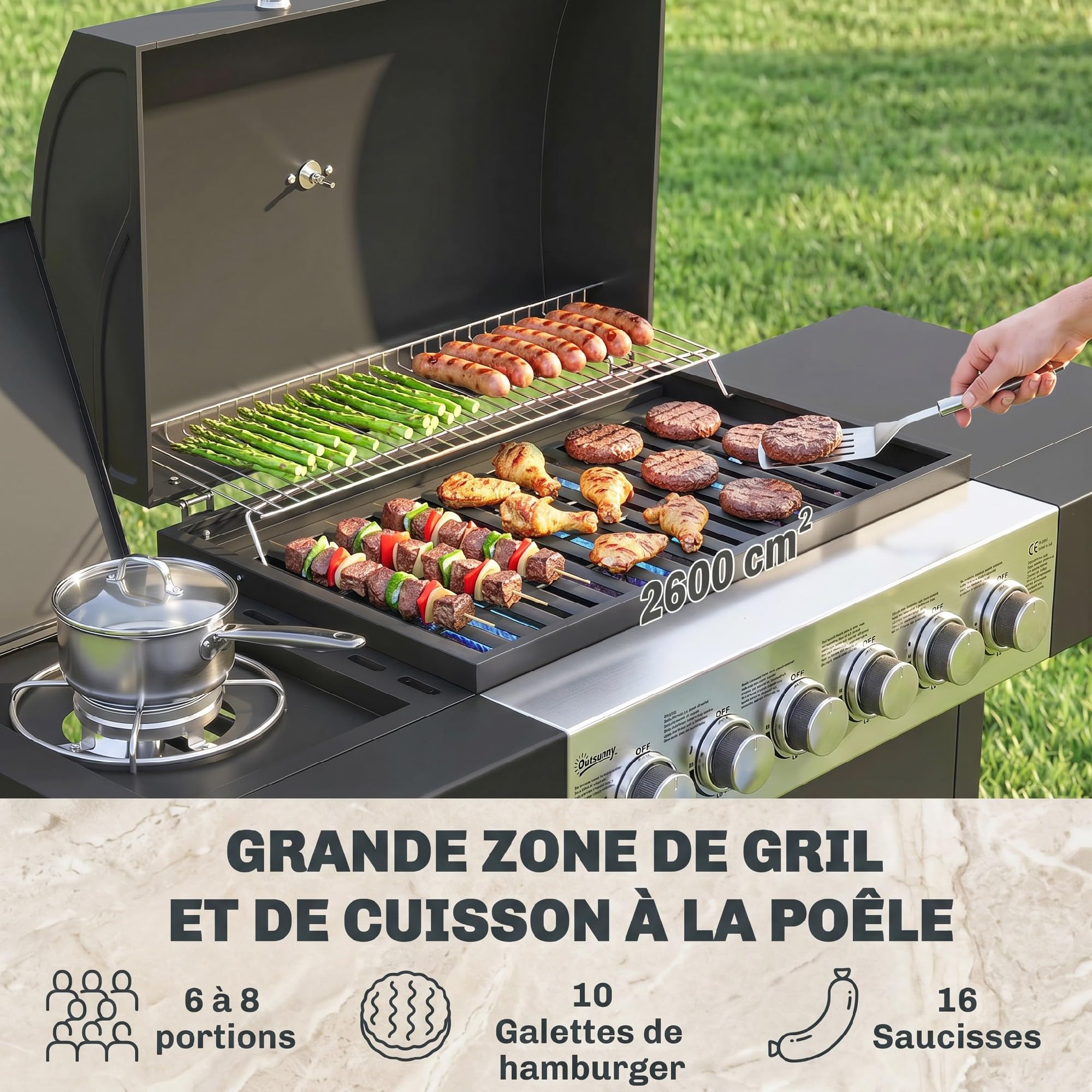 Outsunny Barbecue à gaz 6+1 brûleurs chariot portable avec roues, grille de maintien au chaud, thermomètre intégré, étagères latérales, placard et couvercle Noir