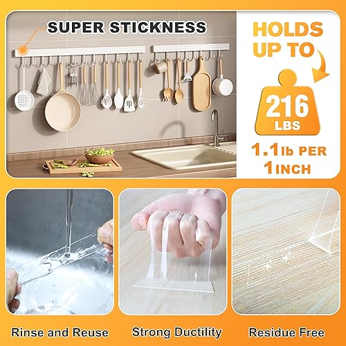 Miniatura 4 de Cinta adhesiva de doble cara resistente, nano de doble cara para paredes, cinta adhesiva de 16.4 pies, 2 rollos, cinta de montaje transparente