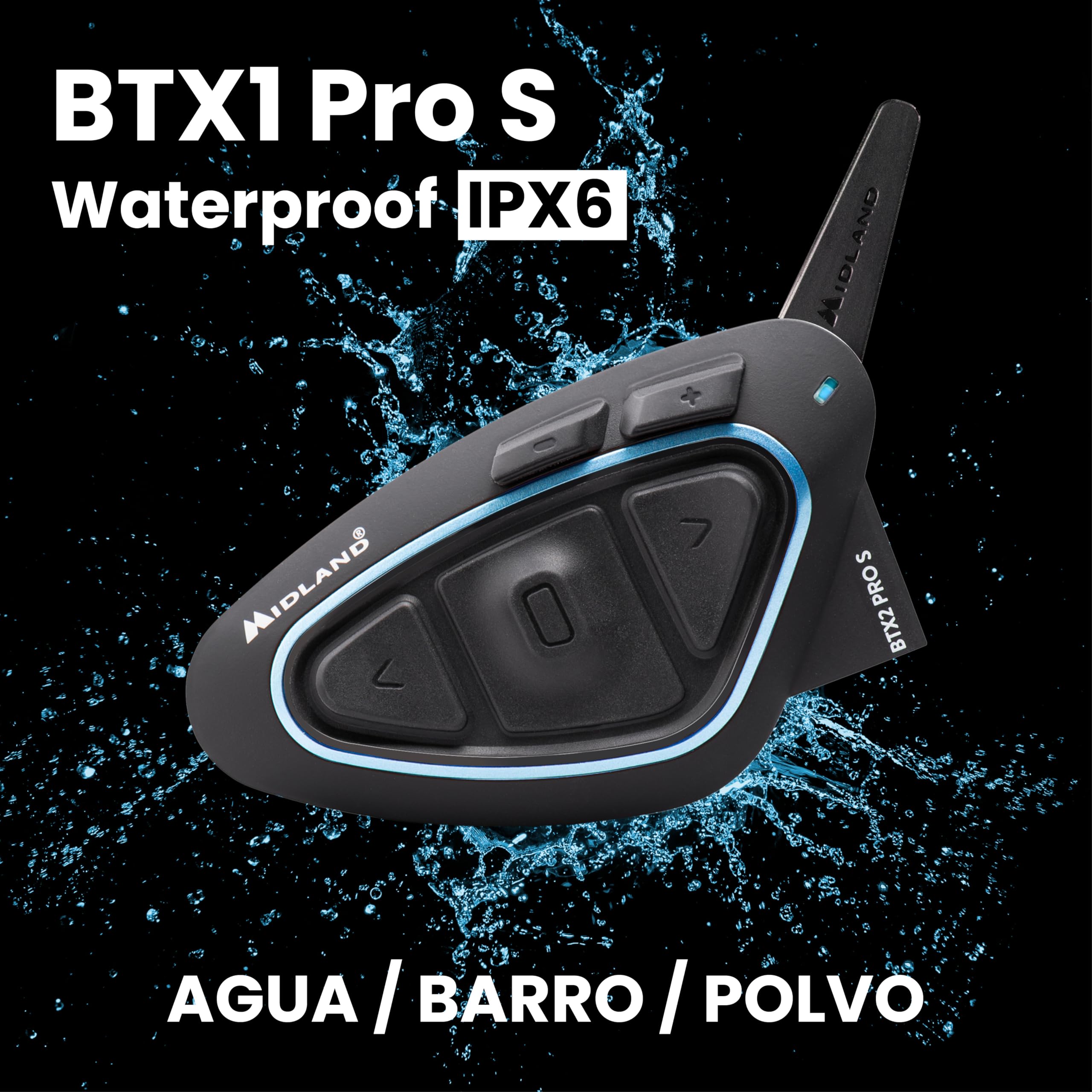 Midland BTX2 Pro S LR Single Intercomunicador Bluetooth para Moto | IPX6 Waterproof, Supresión de Ruido, Hasta 8 Personas, Batería 23h, Alcance 1.6Km