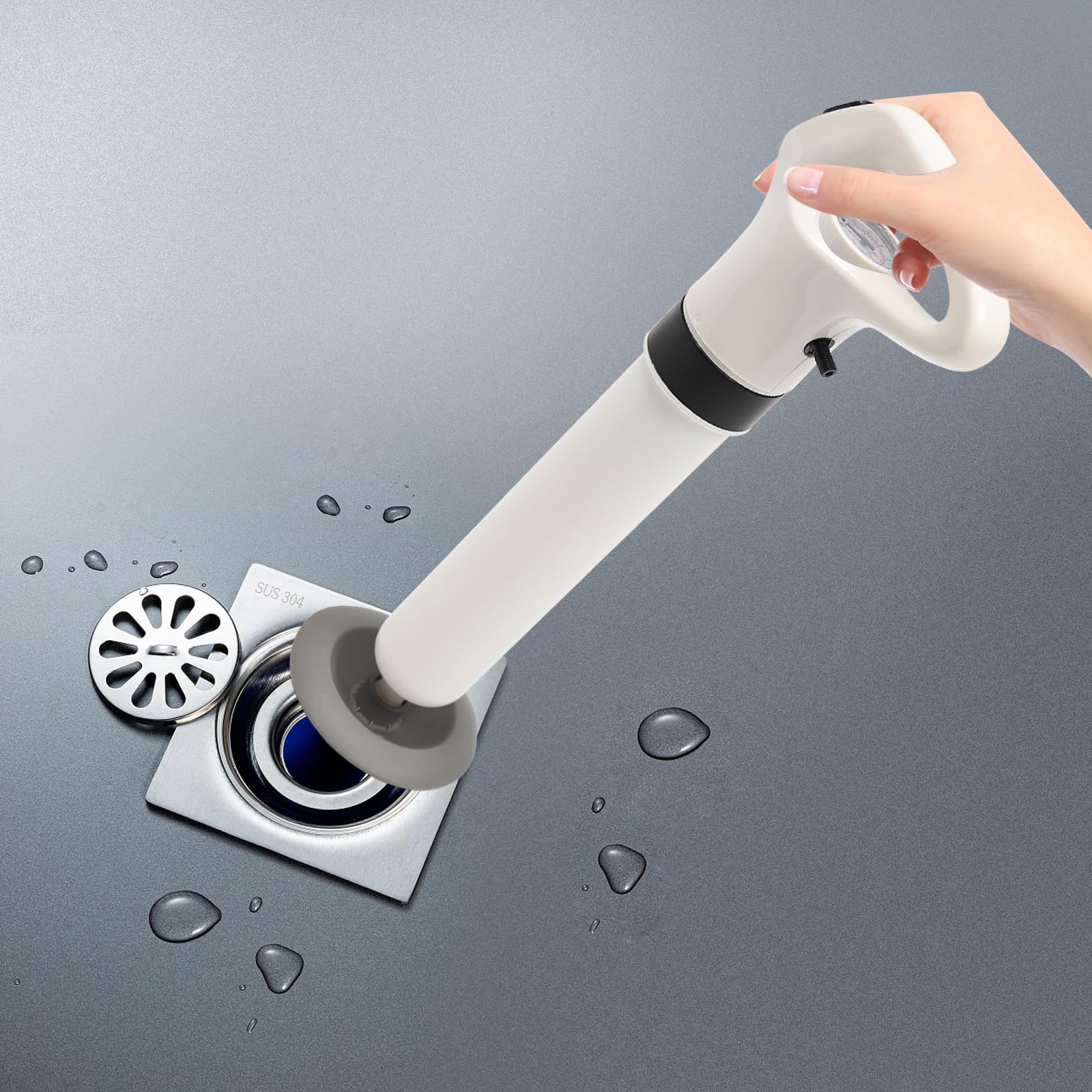 RABEEXP Toilet Plunger for Bathroom, Drain Clog Remover with 3 Replaceable Unclogger Head, High Pressure Toilet Auger for Shower, Sink, Bathtub, Clogged Pipe, Max. Air Pressure 6bar/87PSI, White