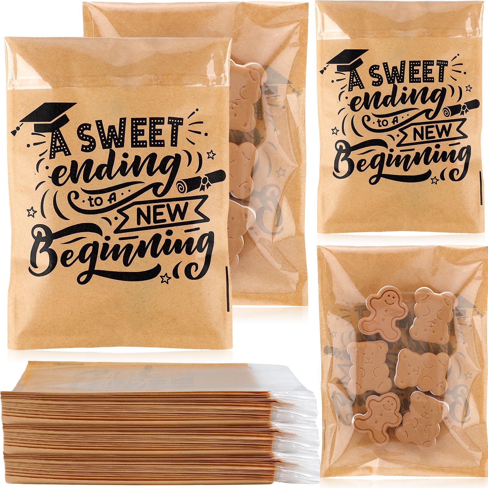 MotiMind 100 Pcs Clear Graduation Cookie Bags Front Paper Self-Adhesive Gift Bags Sweet Endings to New Beginnings Kraft Paper Treat Candy Container for Graduation Party Supplies