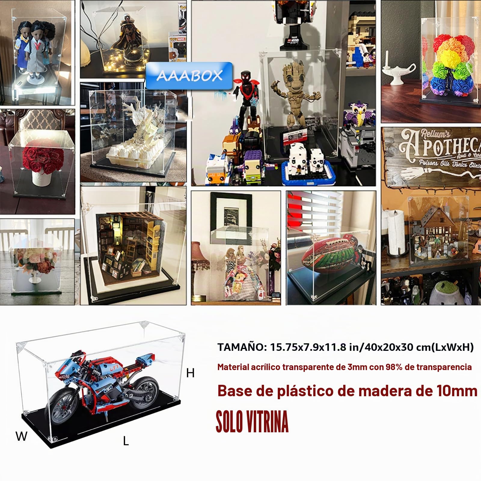 3mm Acrílico Vitrina Expositora 40x20x30 para Lego Vespa 125 10298 75353 76388 42107,Grande Transparente Caja de Exhibición